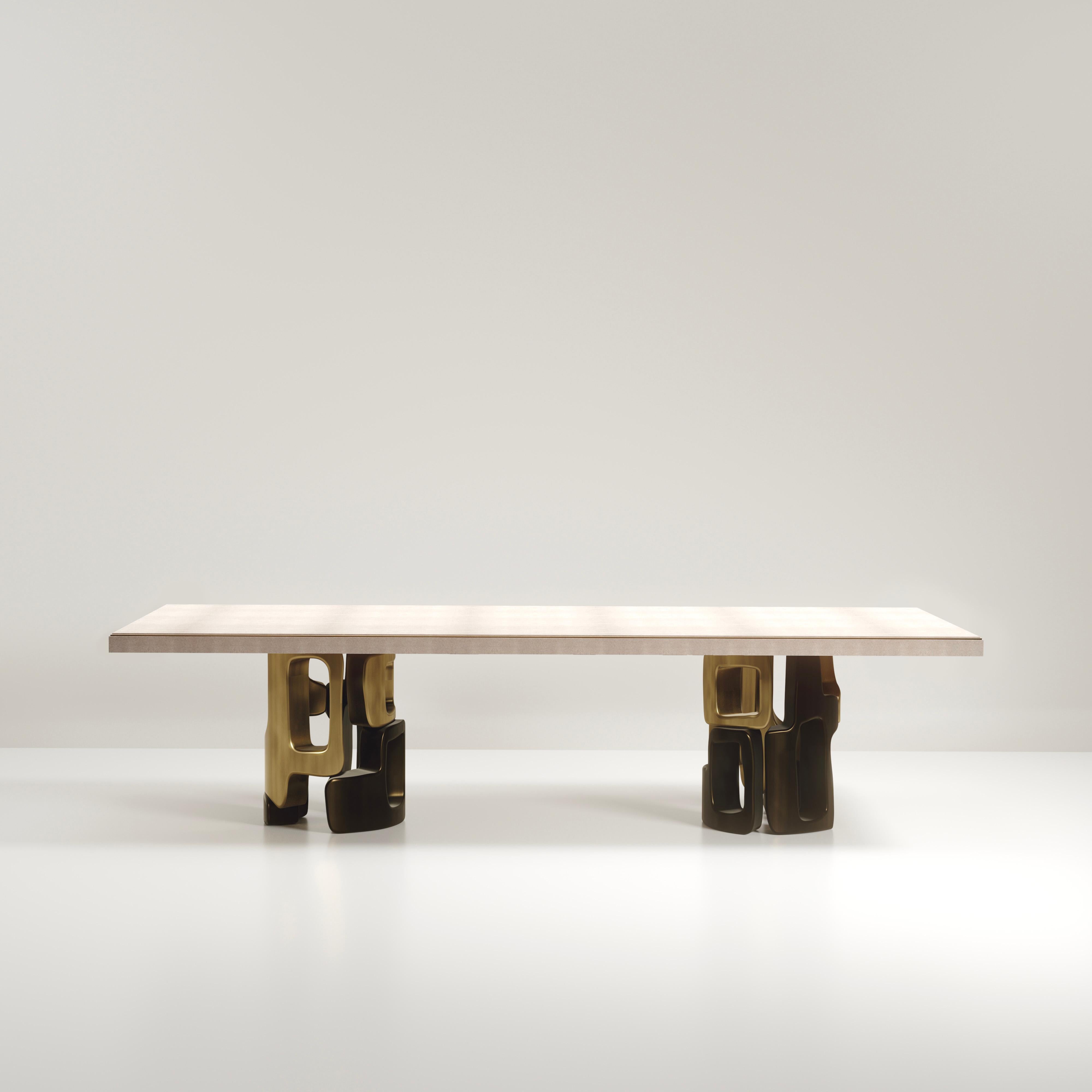 Contemporary Shell Inlaid Dining Table with Bronze Patina Brass Details by Kifu Paris For Sale