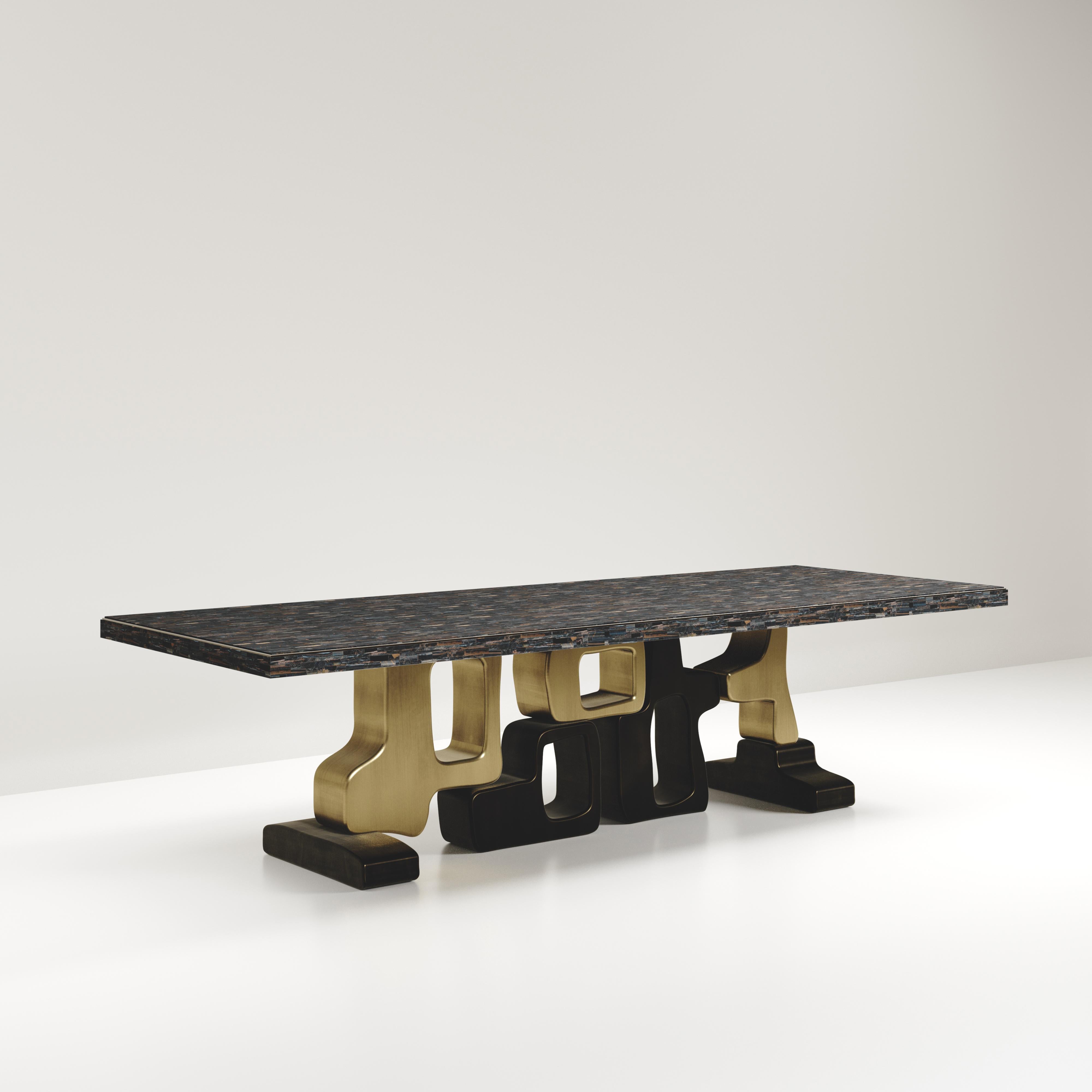 Shell Inlaid Dining Table with Bronze Patina Brass Details by Kifu Paris In New Condition For Sale In New York, NY