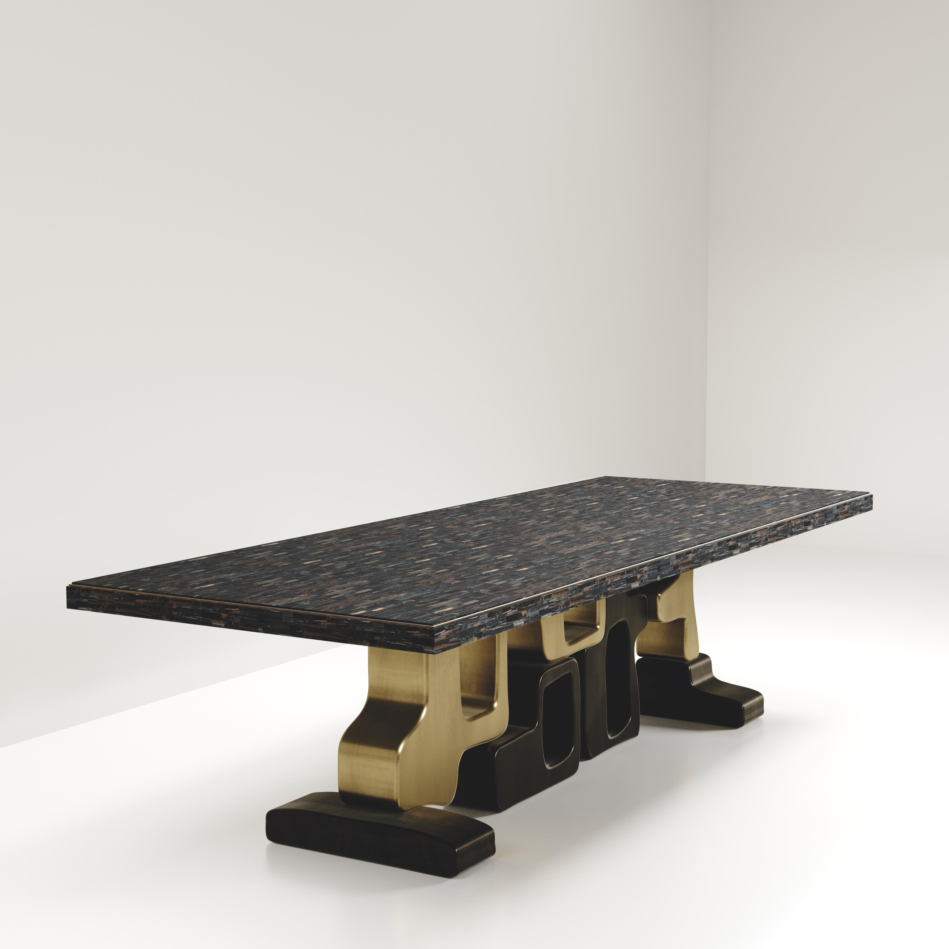 Contemporary Shell Inlaid Dining Table with Bronze Patina Brass Details by Kifu Paris For Sale