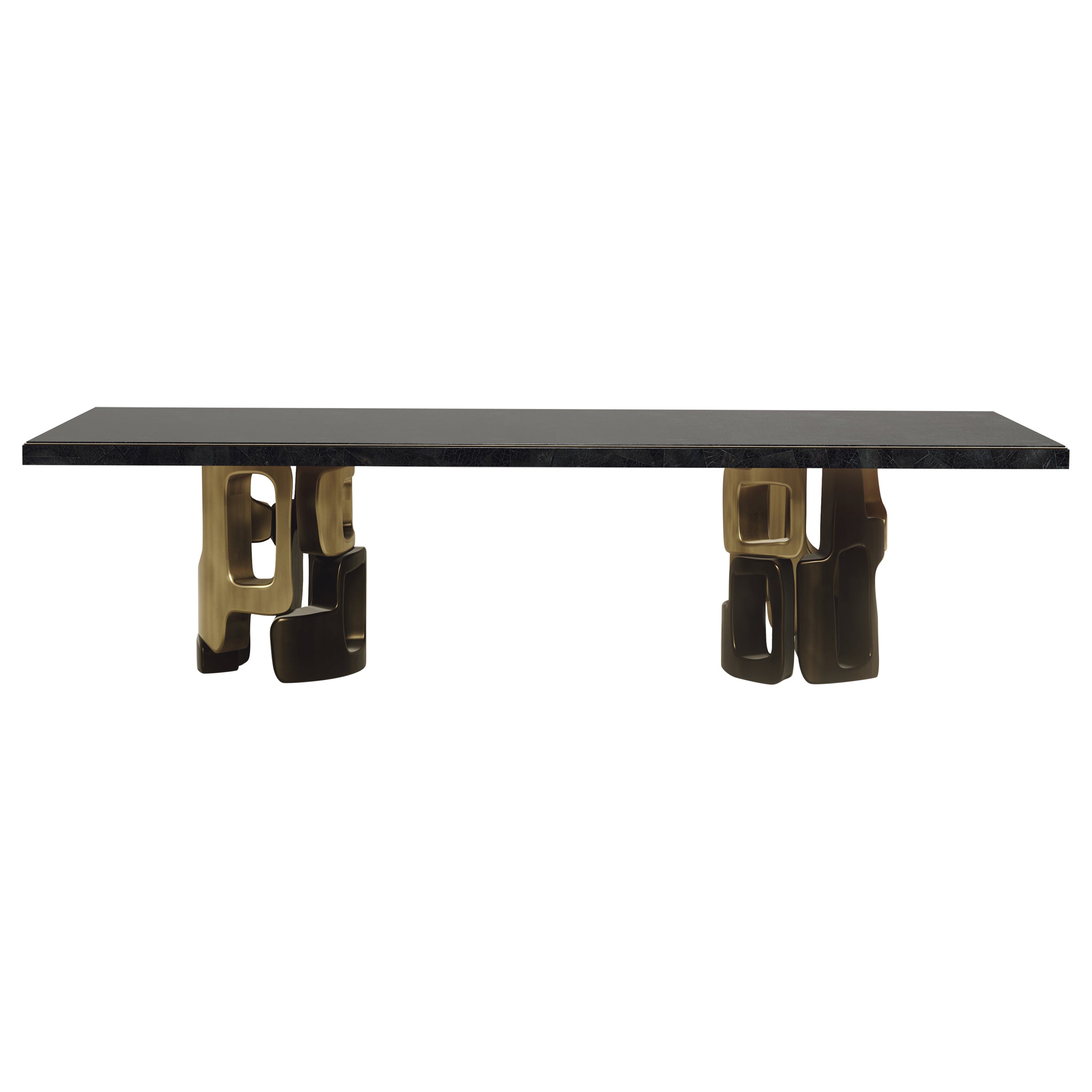 Mesa de comedor con incrustaciones de concha y detalles de latón patinado en bronce by Kifu Paris