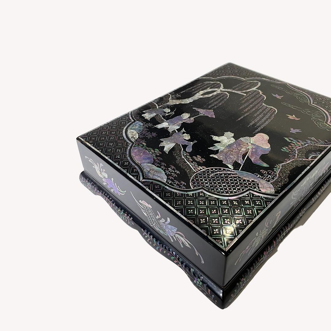 Chinese Shell-Inlaid Lacquer Box with Old Man and Children Design, Qing Period For Sale