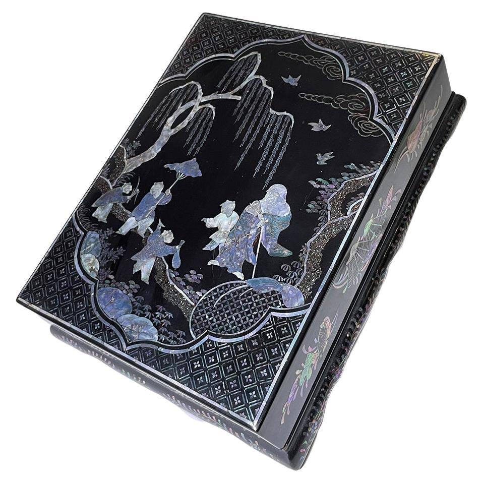 Shell-Inlaid Lacquer Box with Old Man and Children Design, Qing Period For Sale