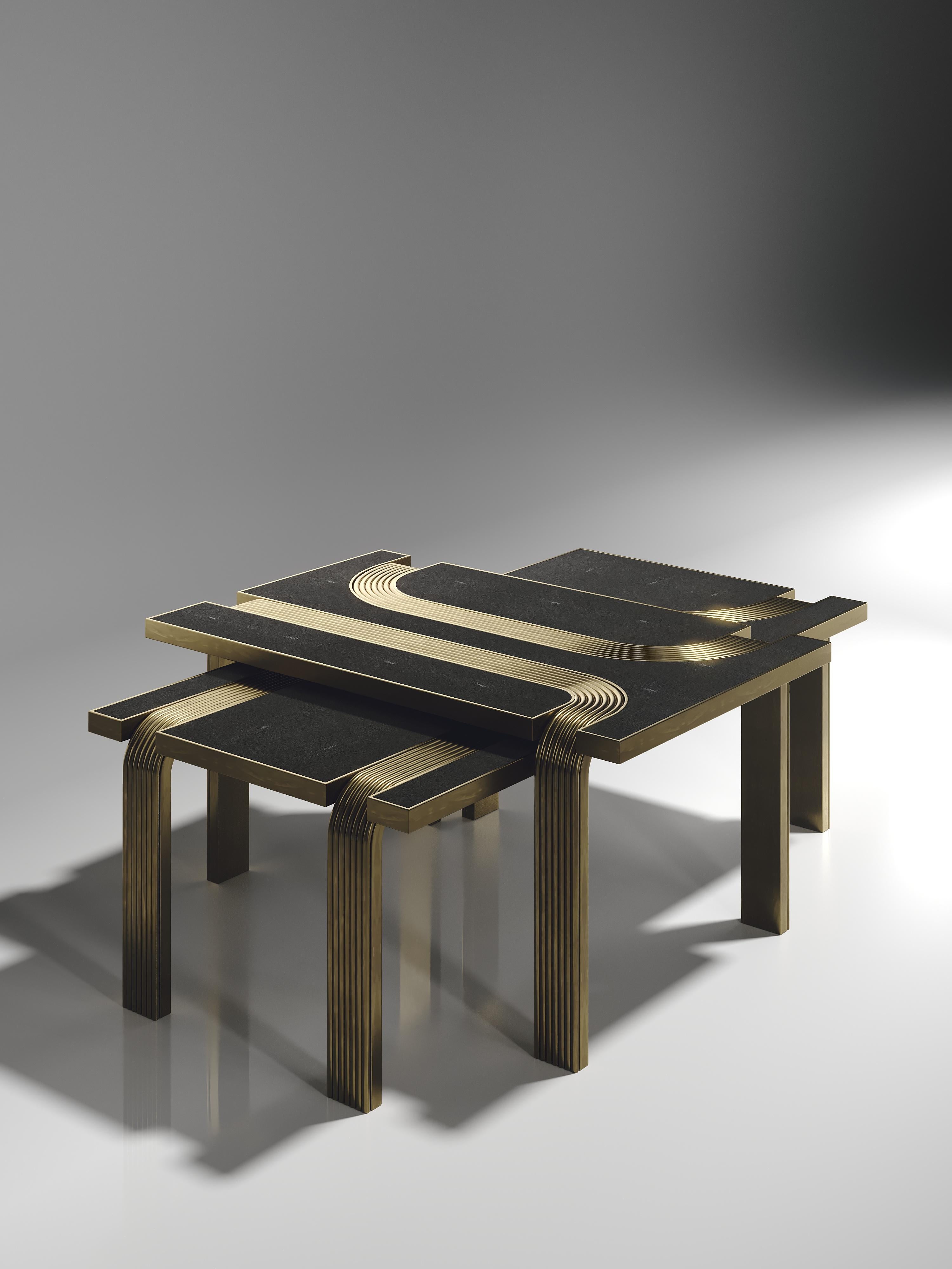 Shell Inlaid Nesting Coffee Tables with Brass Details by R&Y Augousti For Sale 7