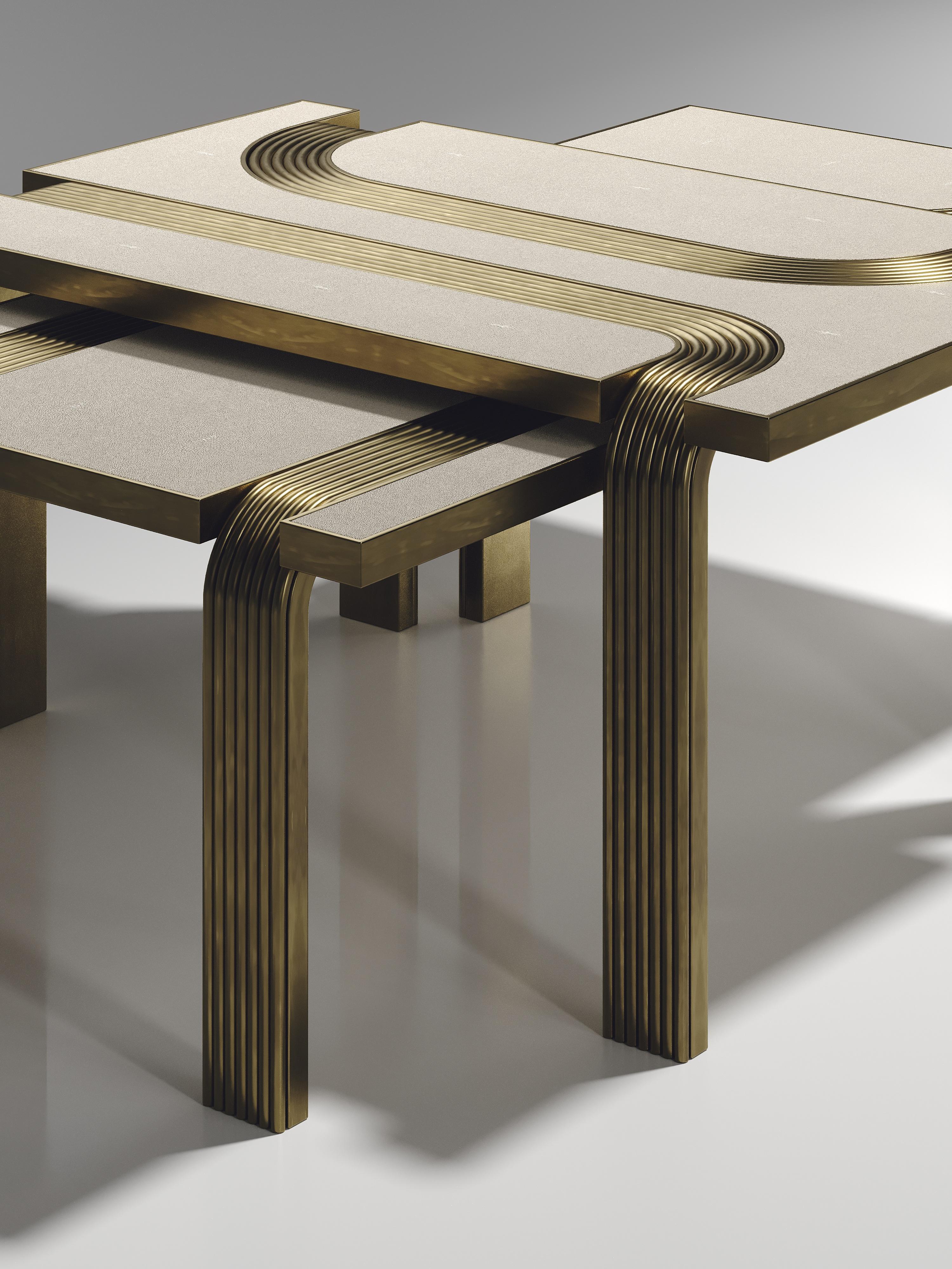 Shell Inlaid Nesting Coffee Tables with Brass Details by R&Y Augousti For Sale 11