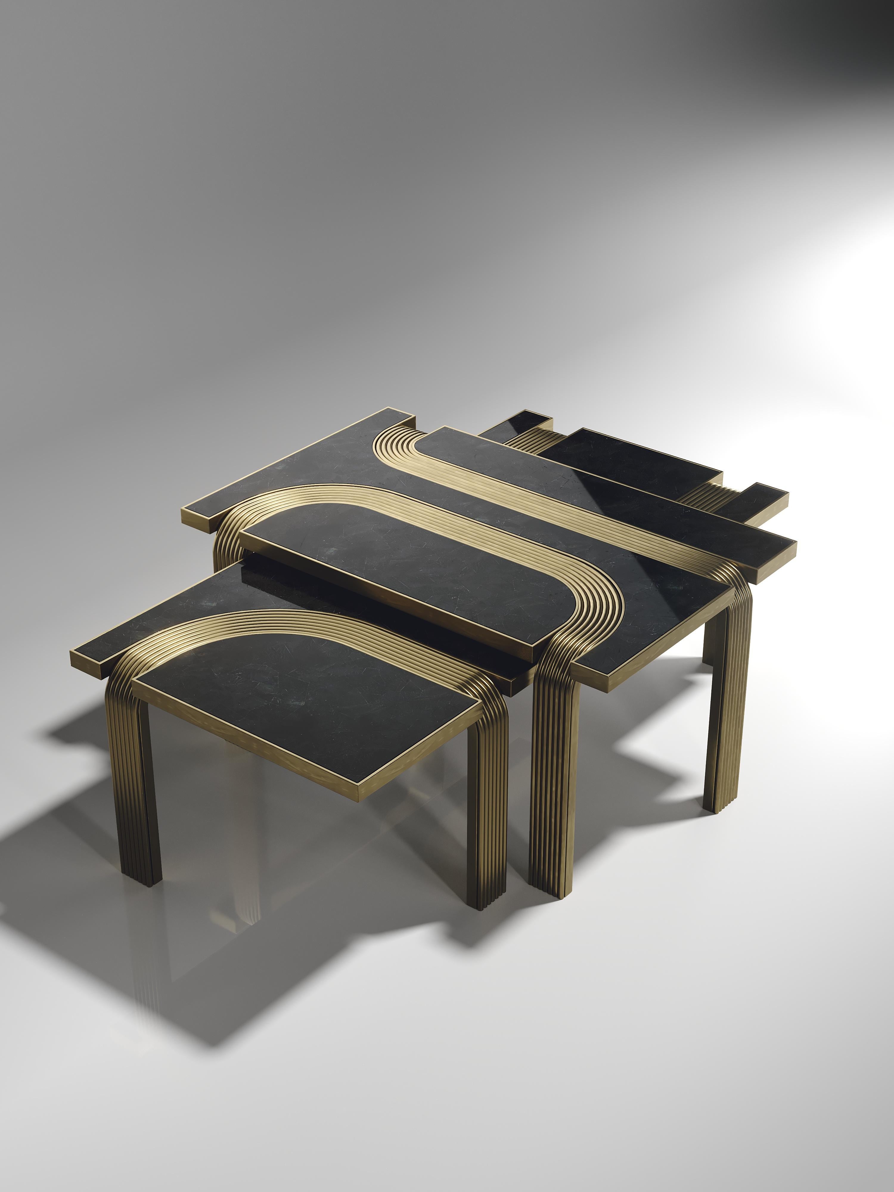 Art Deco Shell Inlaid Nesting Coffee Tables with Brass Details by R&Y Augousti For Sale