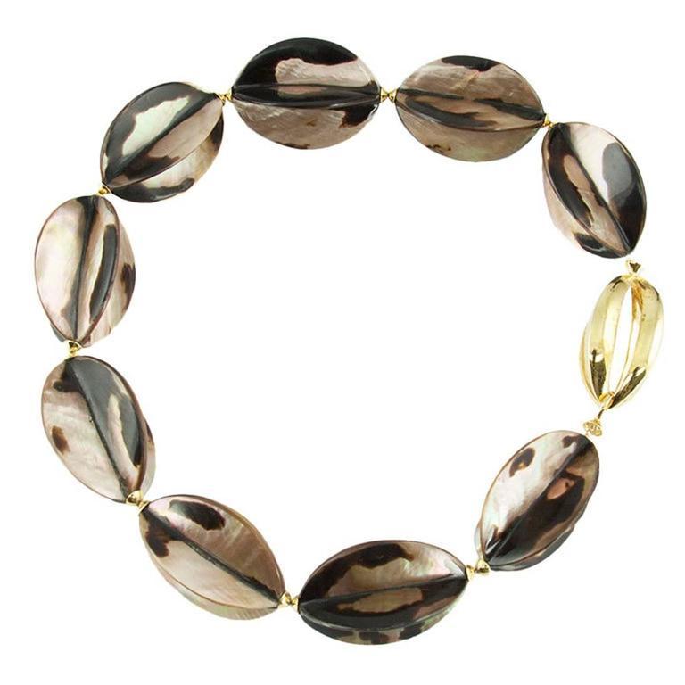 Simply Fabulous! Striking Carambola Grey Gold Nacre Star Fruit Necklace, comprising of nine Shell/Mother of Pearl beads, each measuring approx. 55mm x 40mm; held together by a fabulous coordinating hand crafted gilt sterling silver clasp, measuring