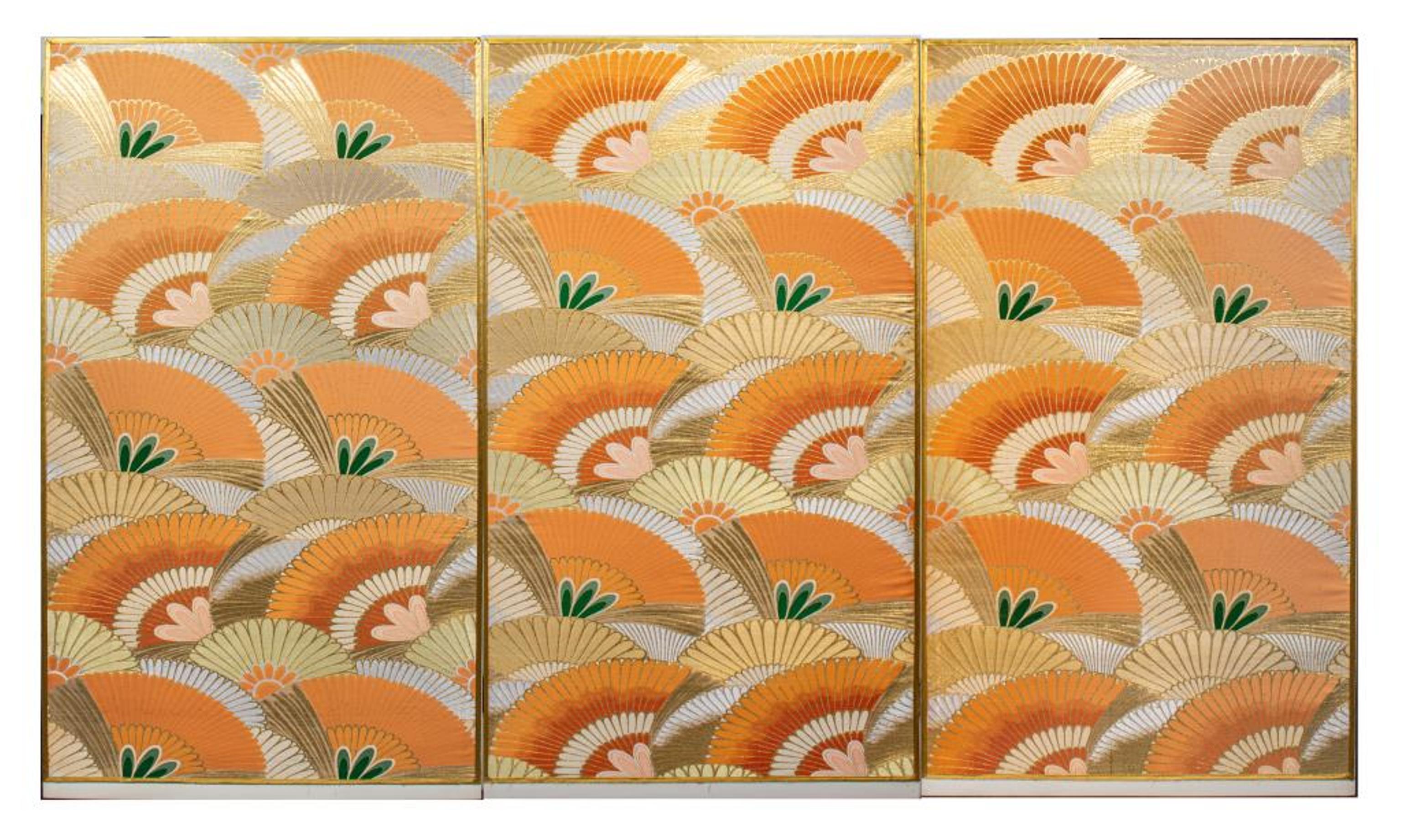 Three panel white-painted wooden half screen mounted with shell motif textile in orange, green, and gold tones, probably 1970s. Measures: 47
