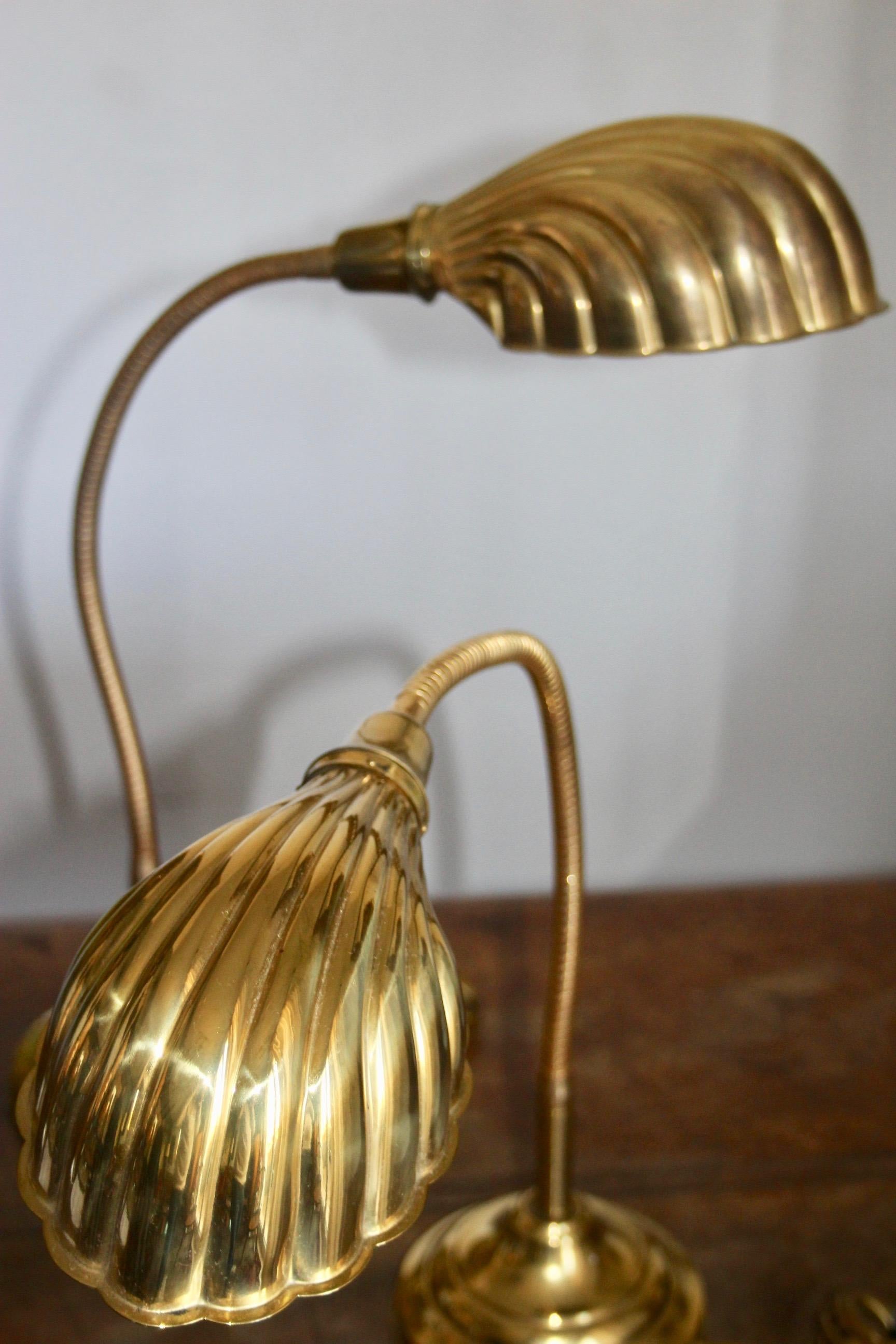 European Shell Pair of Table Lamp Gooseneck Lamp, Desk Brass 