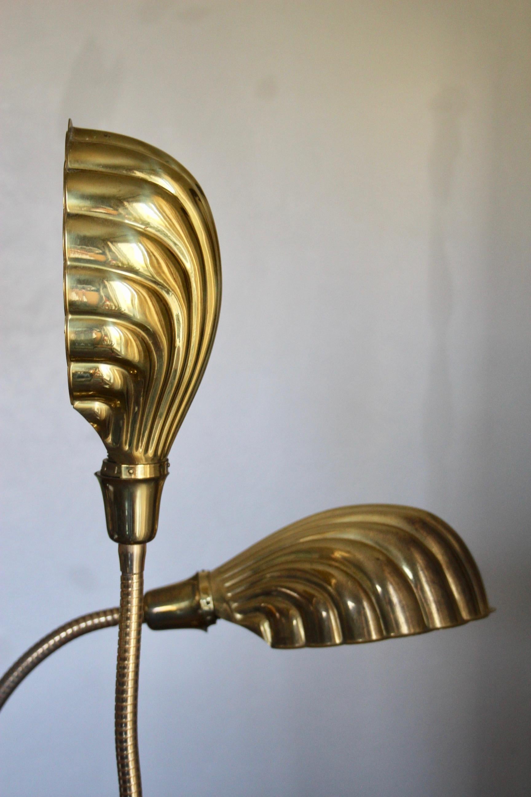 Late 20th Century Shell Pair of Table Lamp Gooseneck Lamp, Desk Brass 