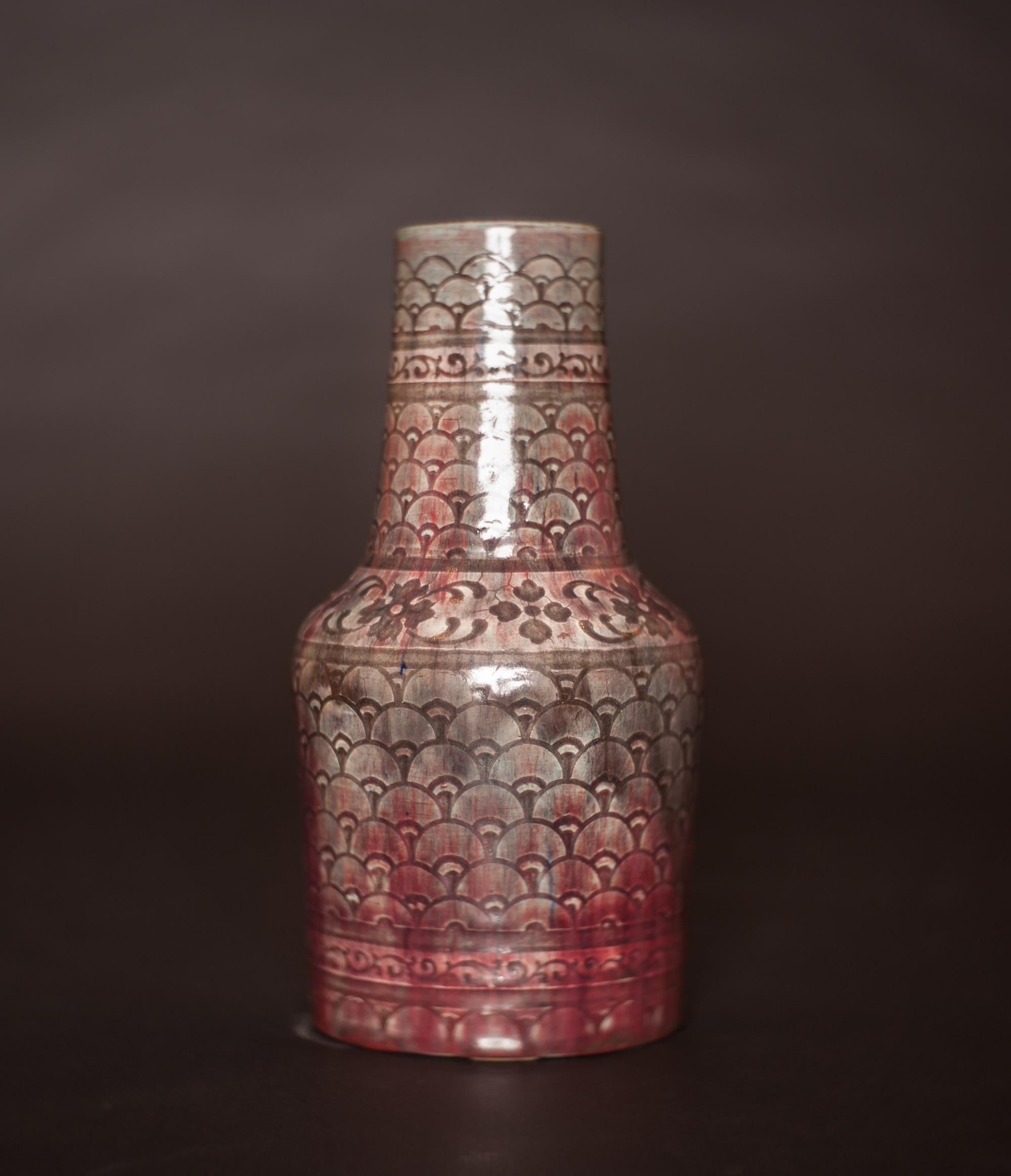 French Art Nouveau Shell Pattern Stoneware Vase by Auguste Delaherche For Sale