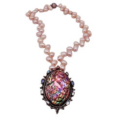 Shell Pendant with Aquamarine Sapphire and Gemstones with Pink Biwa Pearls