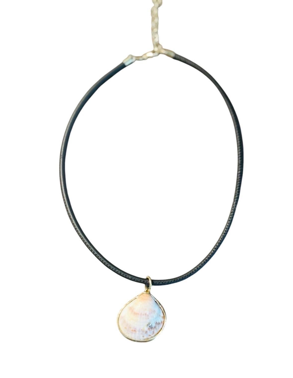 Ciondolo a forma di conchiglia Nature 

Conchiglia naturale, diamante e oro 14k

Conchiglia naturale con bellissime sfumature di colore con un diamante rotondo di 2 mm incastonato in oro 14k. 

La conchiglia è dotata di uno spesso castone dorato e