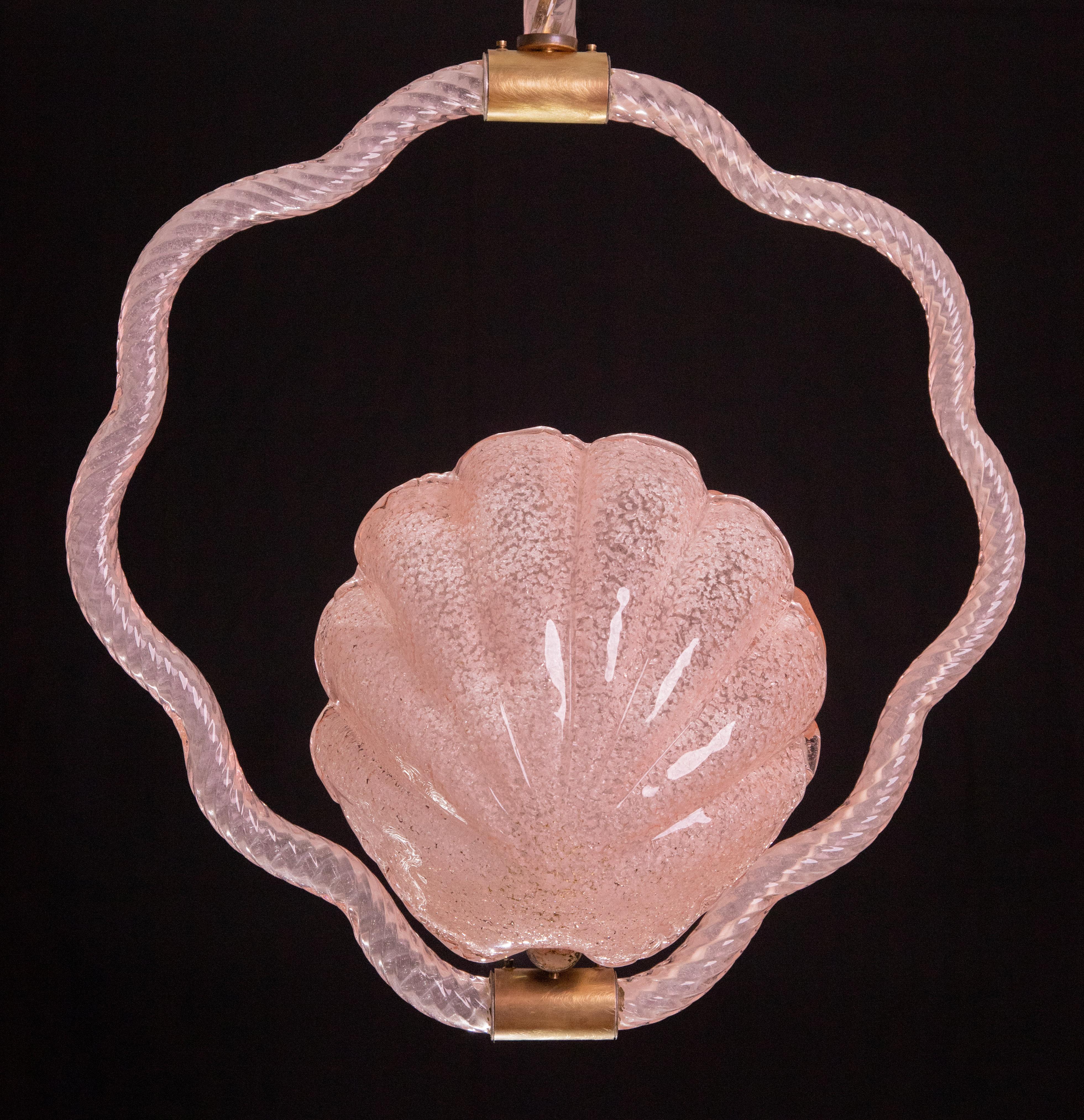 Lustre en verre de Murano rose coquillage de Barovier e Toso, années 1940 en vente 1