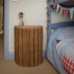 Shell Fluted Rattan Basket Hamper and Side Table - Oak Finish