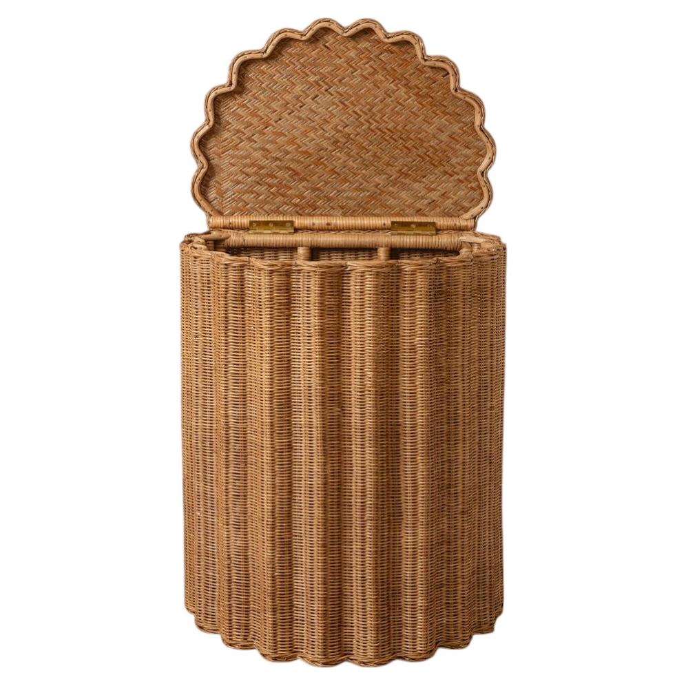 Shell Fluted Rattan Basket Hamper and Side Table - Oak Finish