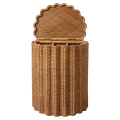 Shell Fluted Rattan Basket Hamper and Side Table - Oak Finish