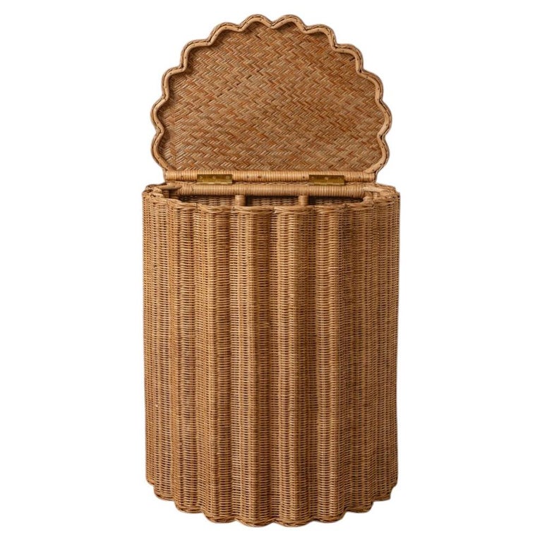 Shell Fluted Rattan Basket Hamper and Side Table - Oak Finish
