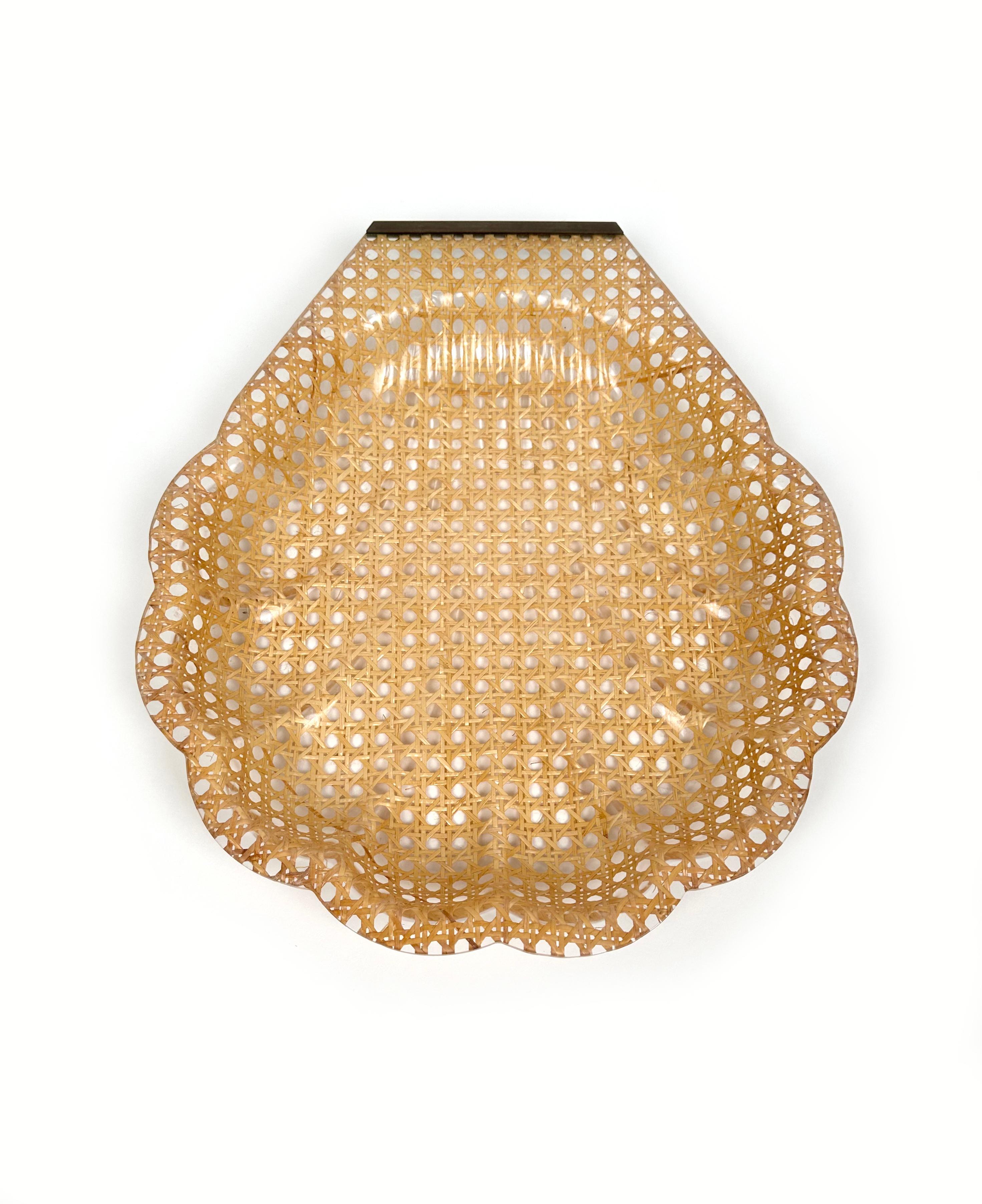 Mid-Century Modern Shell Serving Tray Lucite and Rattan Christian Dior Style, France, 1970s