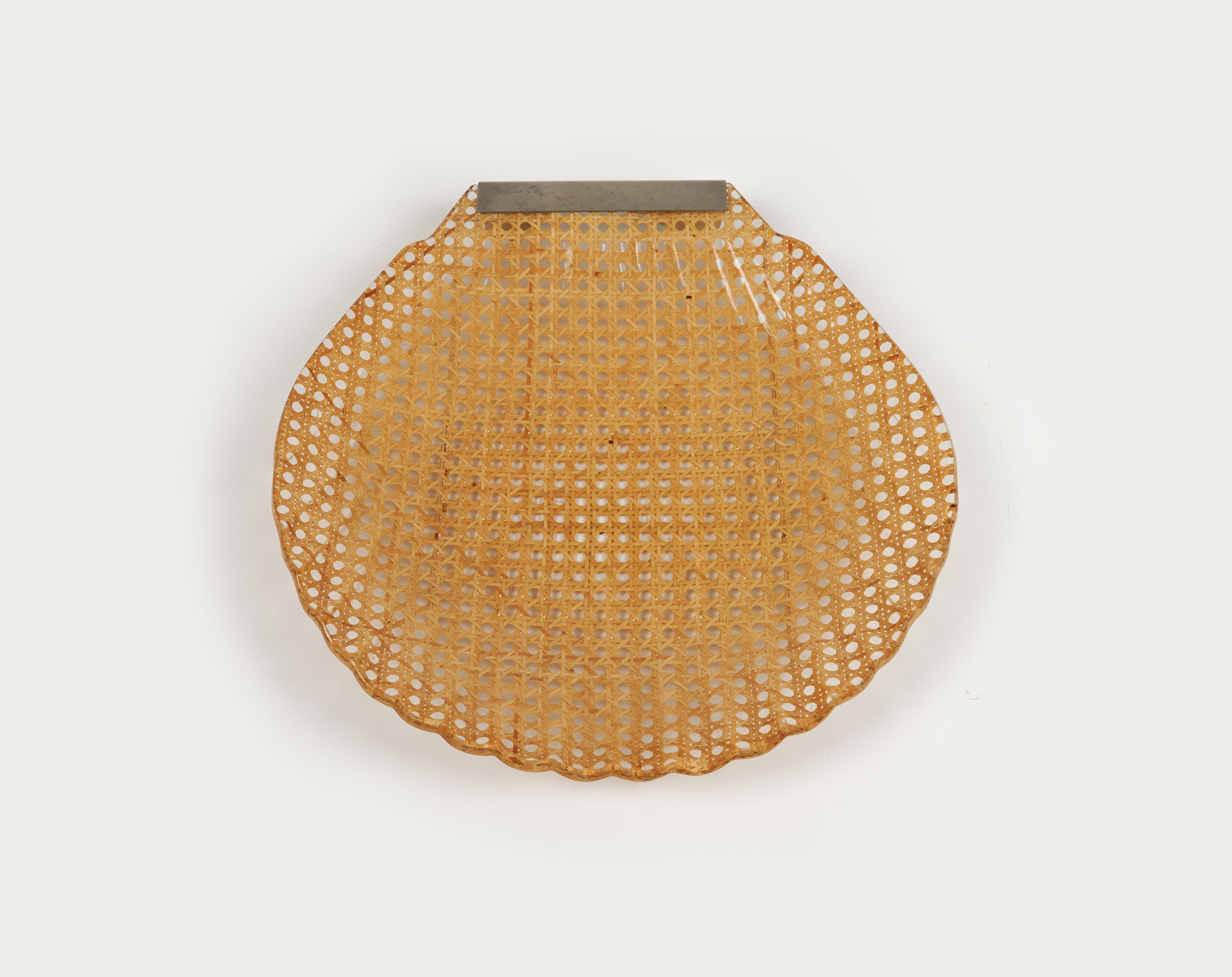 Metal Shell Serving Tray Lucite and Rattan Christian Dior Style, France, 1970s For Sale