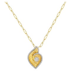 Shell Shaped Carved Pendant in 14k Yellow Gold Bordered with Pave Diamonds