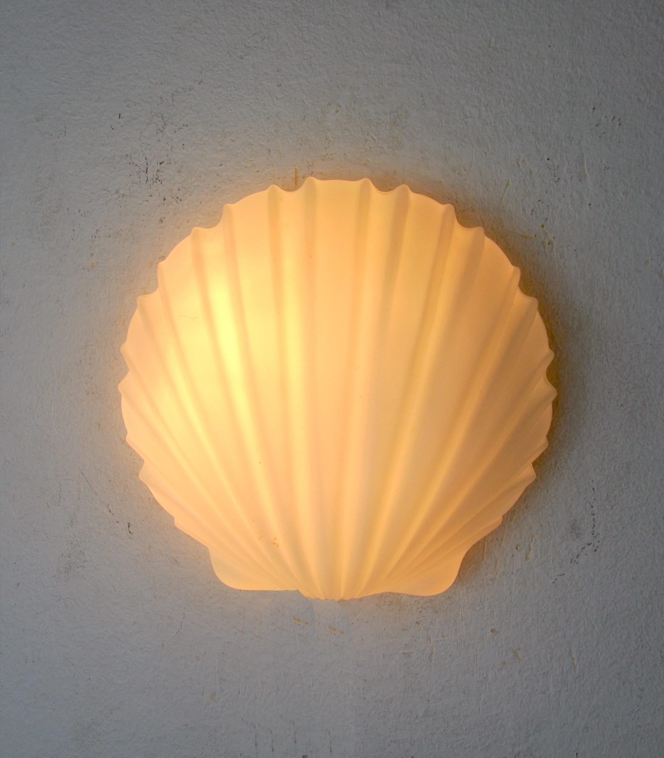 Beautiful shell wall lamp designed and produced in italy in the 1980s.
Design wall lamp in the shape of shell in opal glass blan.
Unique object that will illuminate wonderfully and bring a real design touch to your interior.
Verified electricity,