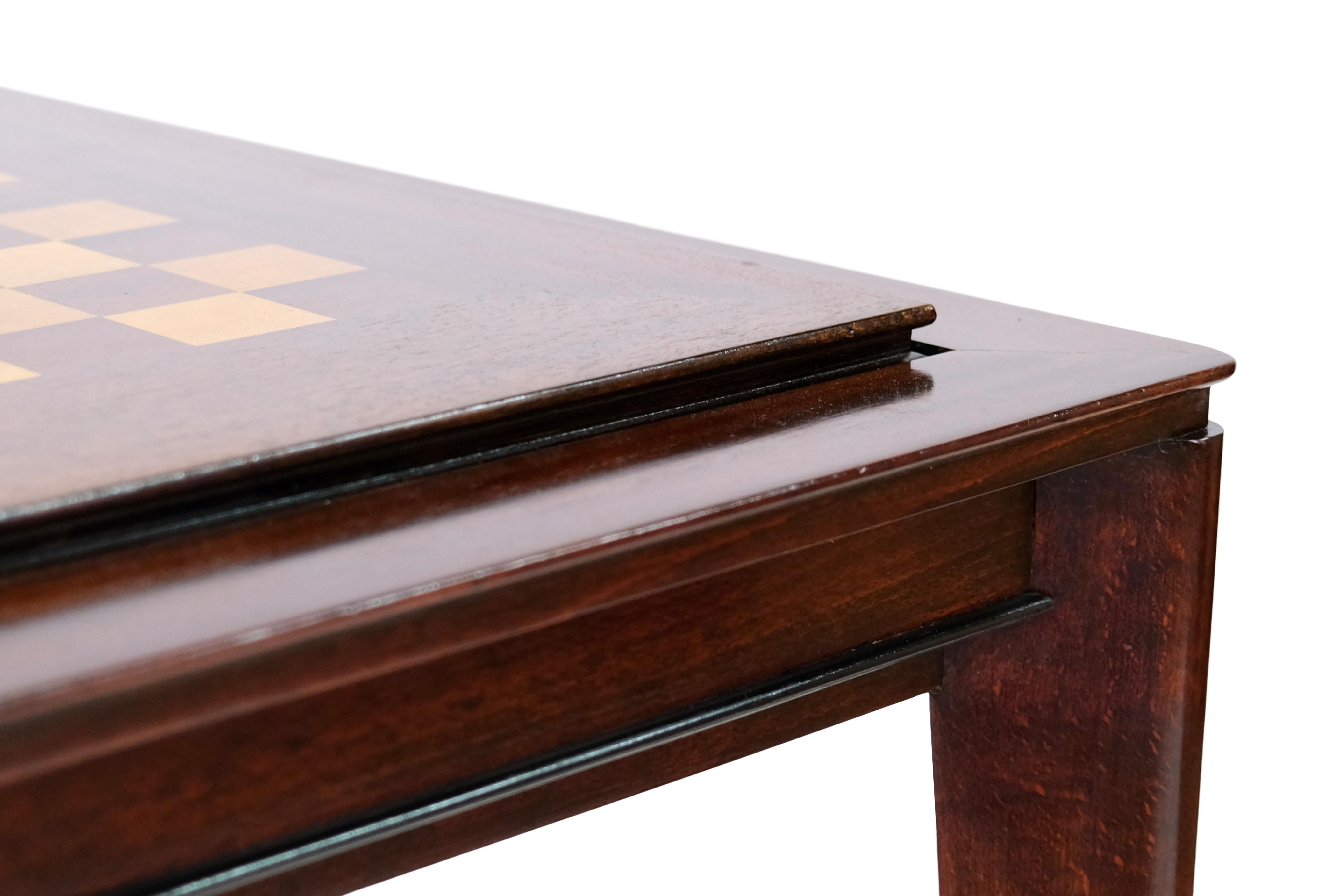 French Shellac Hand Polished Art Deco Game Table with Chess Board and Green Felt