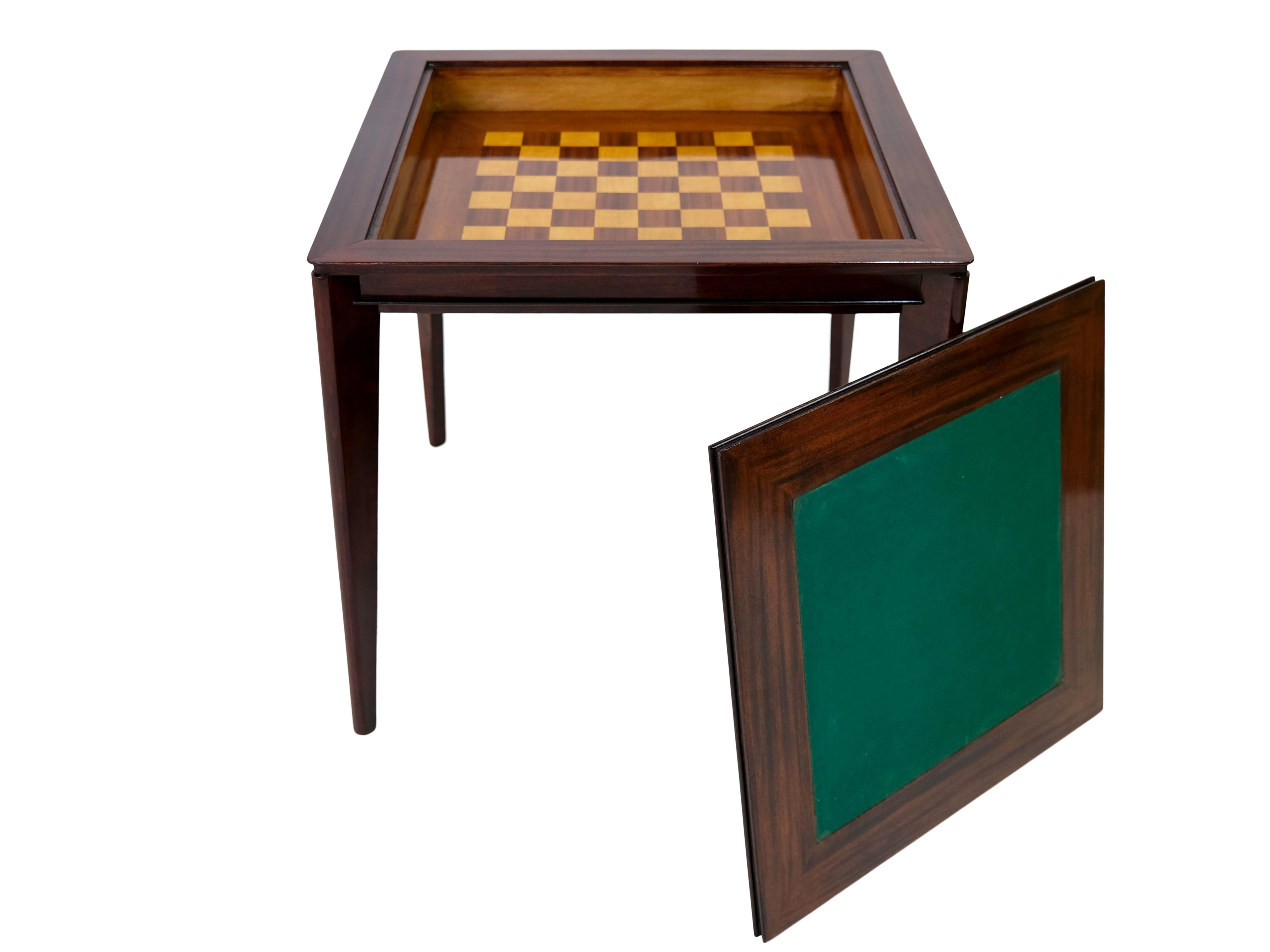 Shellac Hand Polished Art Deco Game Table with Chess Board and Green Felt 1