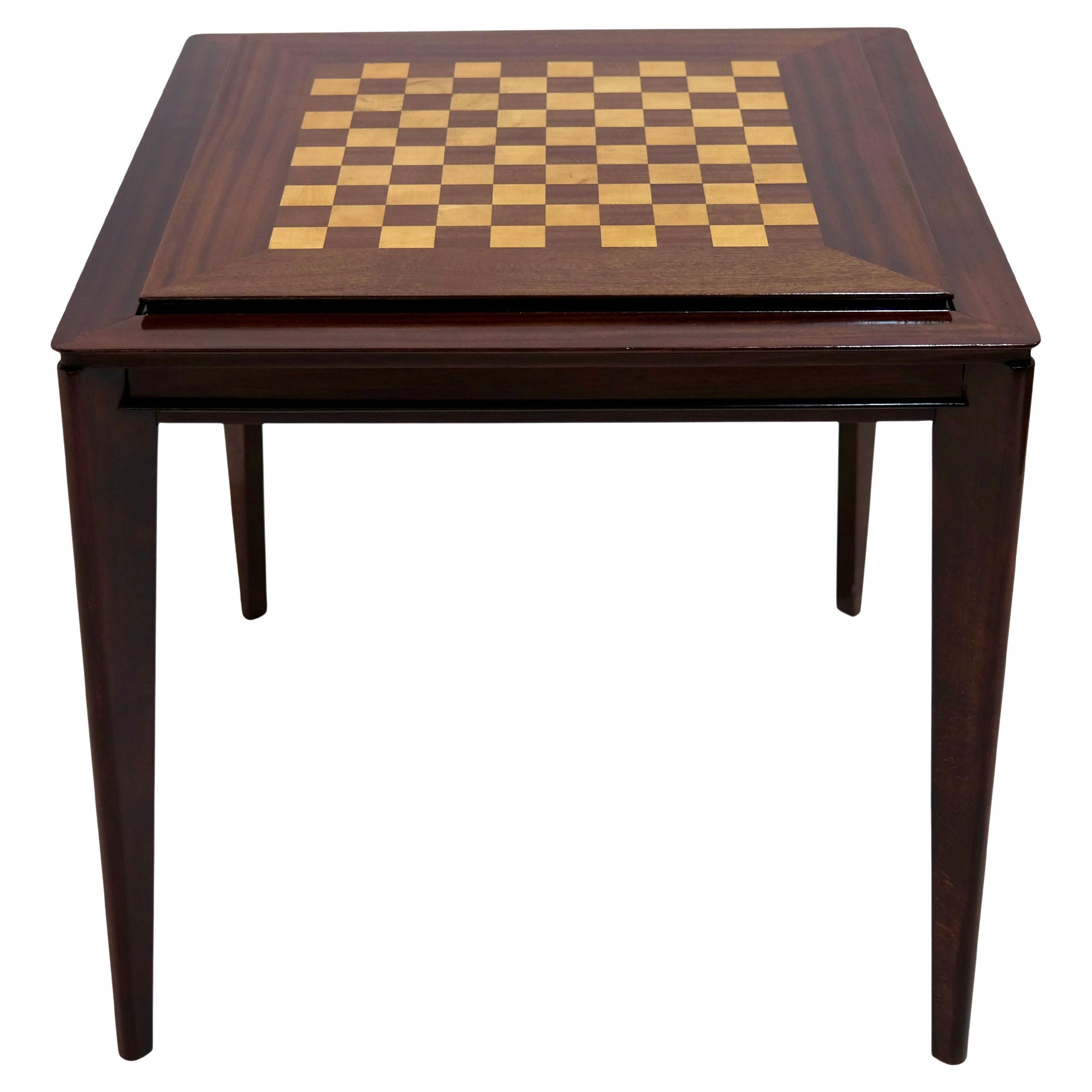 Shellac Hand Polished Art Deco Game Table with Chess Board and Green Felt