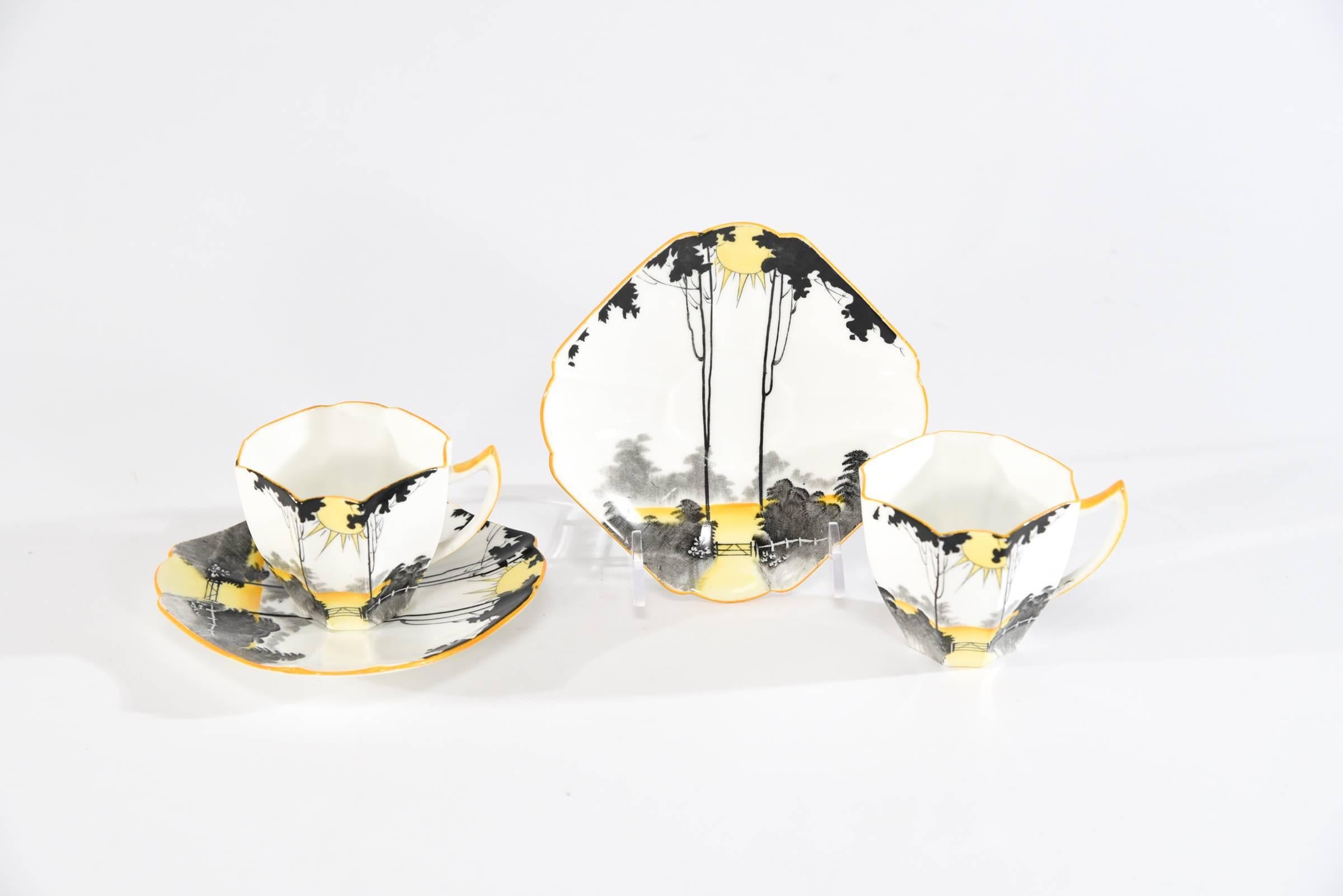Enameled Shelley Art Deco Coffee/Espresso Set for 4 Trees with Sun Shining For Sale