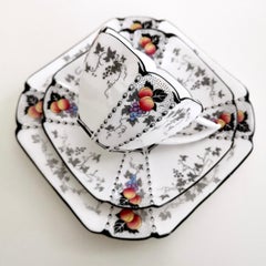 Shelley Art Deco Teacup Quartet, Peaches & Grapes on Queen Anne Shape, 1926