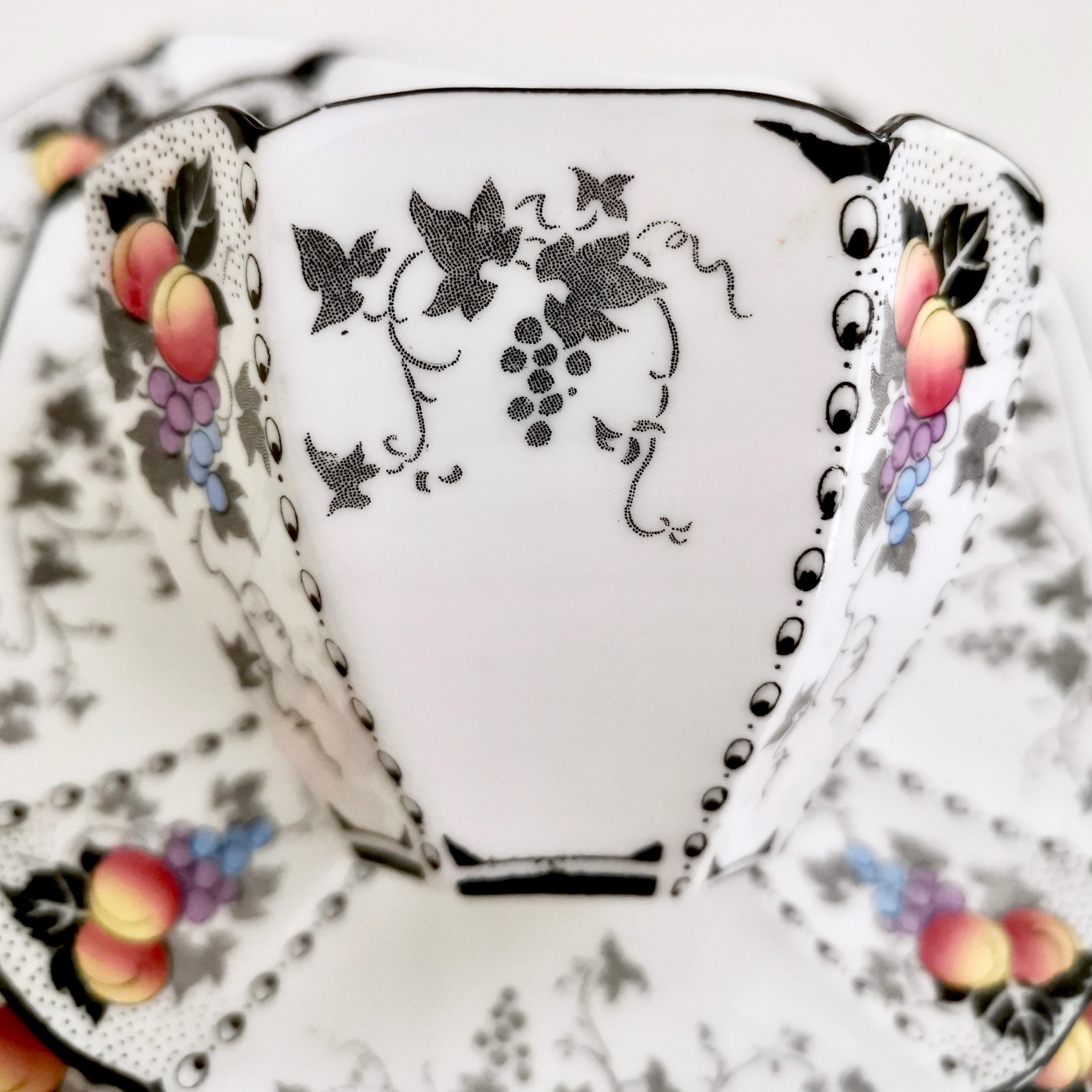 English Shelley Art Deco Teacup Quartet, Peaches & Grapes on Queen Anne Shape, 1926