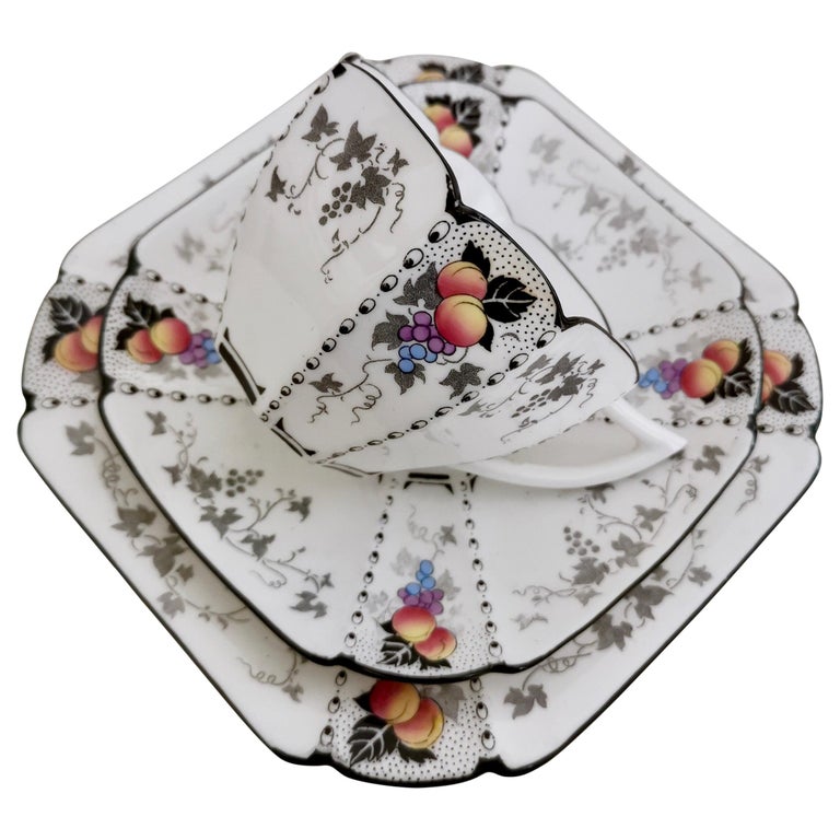 Shelley Art Deco Teacup Trio, Peaches and Grapes on Queen Anne Shape