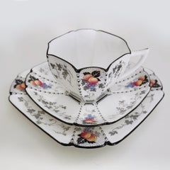 Shelley Art Deco Teacup Trio, Peaches and Grapes on Queen Anne Shape, 1926