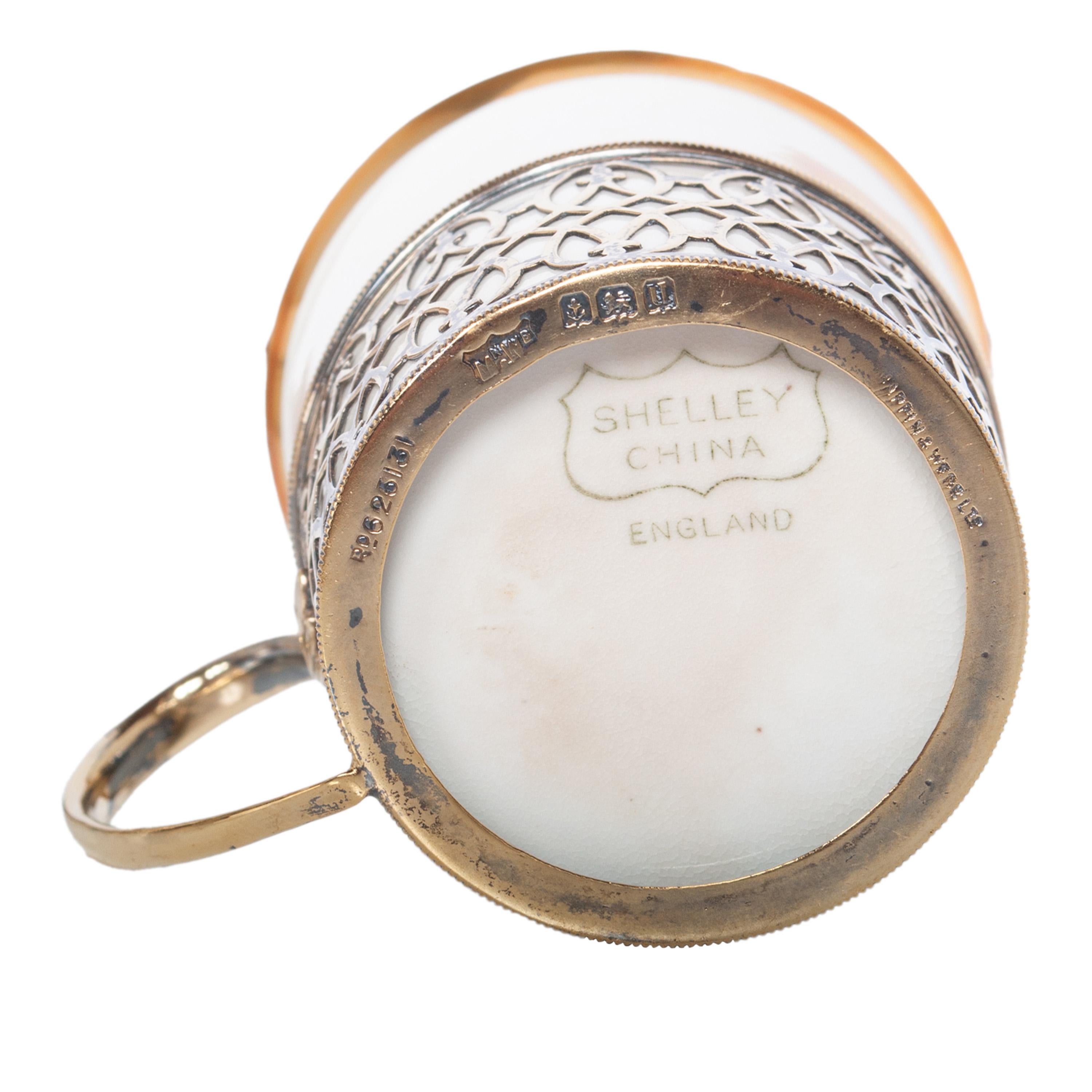 Shelley China Tazas Demitasse Platillos Plata de ley Mappin Webb Birmingham 1919 en venta 11