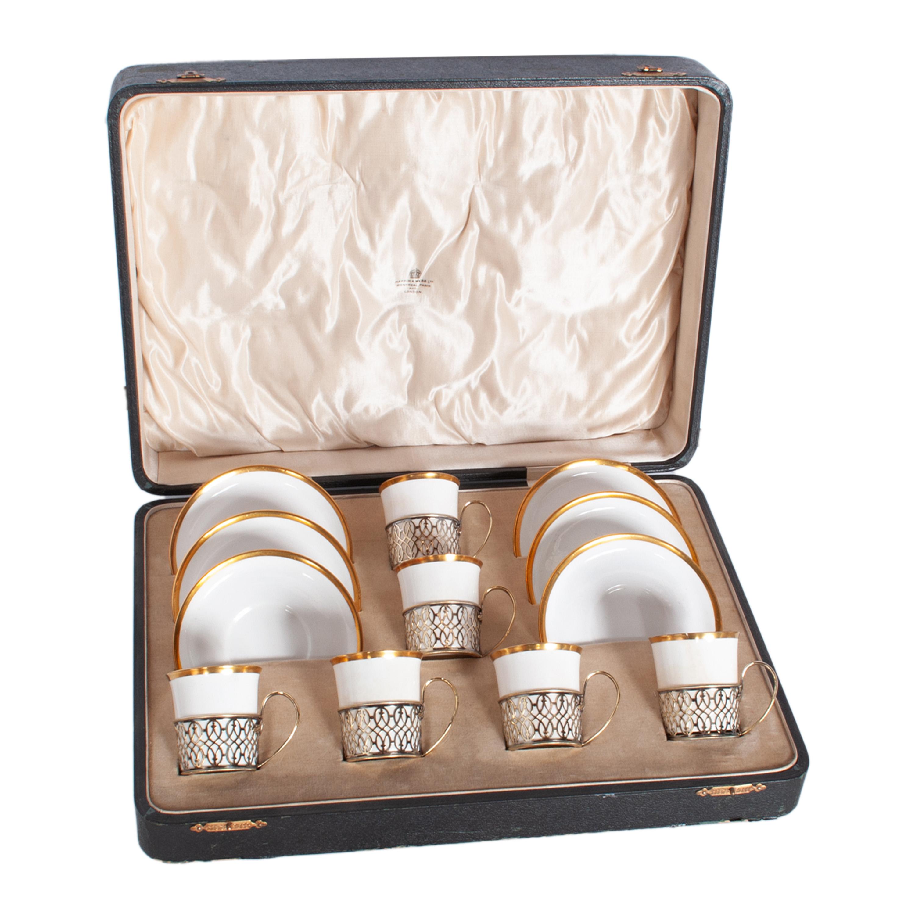 Shelley China Tazas Demitasse Platillos Plata de ley Mappin Webb Birmingham 1919 Eduardiano en venta
