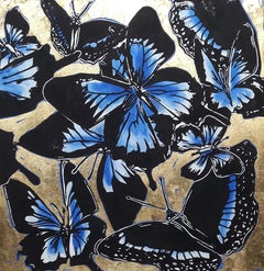 Blue Morpho - Blue Butterflies on Gold:  Acrylic & Linocut Print on Dibond