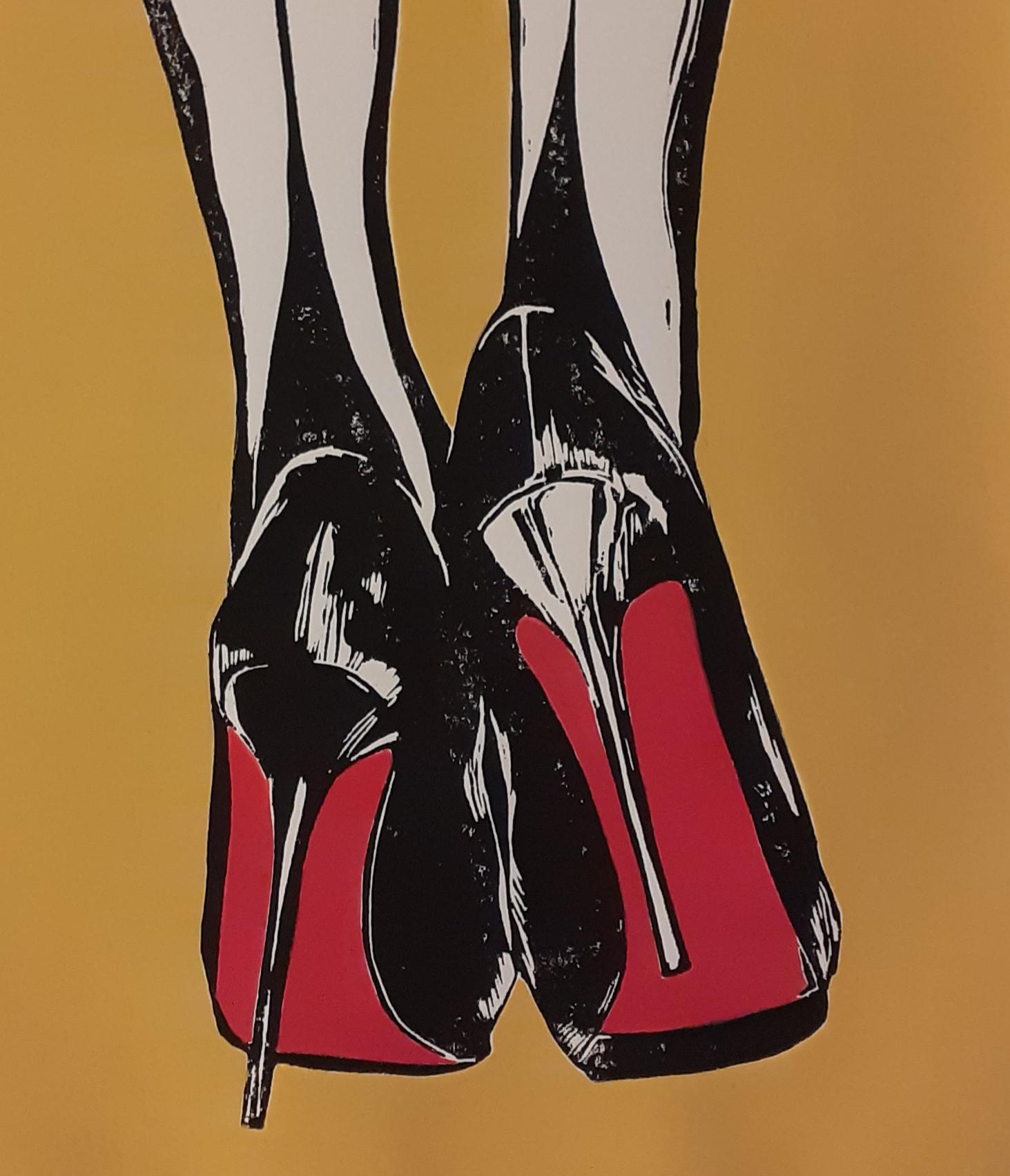 Shelley Dyer-Gibbins Nude Print – Night In - Stiletto Heels, Sex Appeal und Pop Art: Acryl & Linocut-Druck
