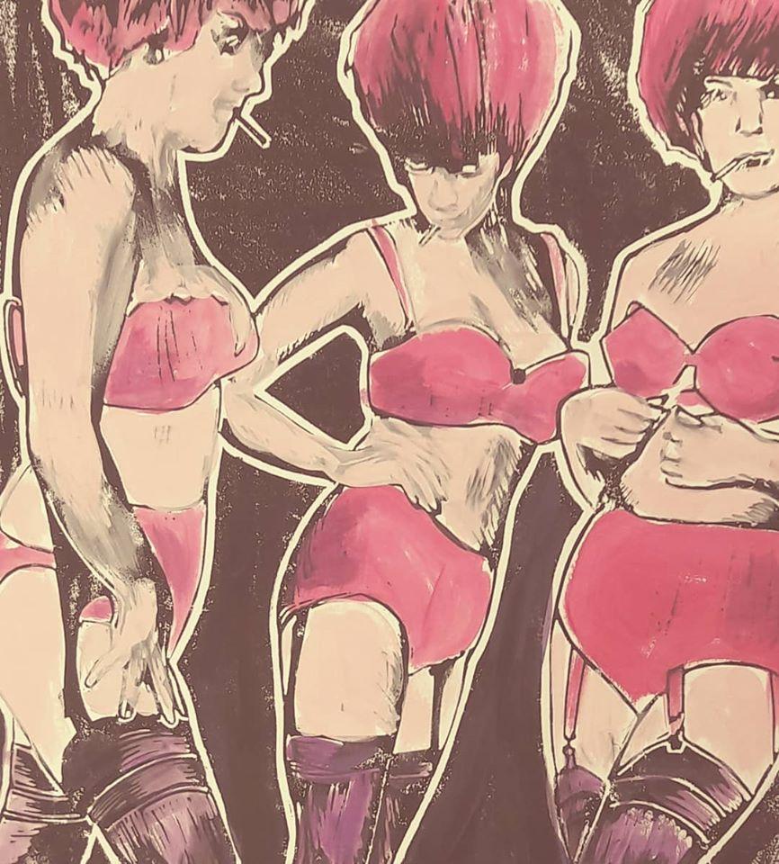 The Three Graces - Feminist Power Burlesque Dancers: Acrylic & Linocut Print