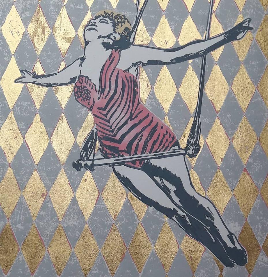 Trapeze - A figurative, feminine & fun circus themed portrait: Acrylic & Linocut