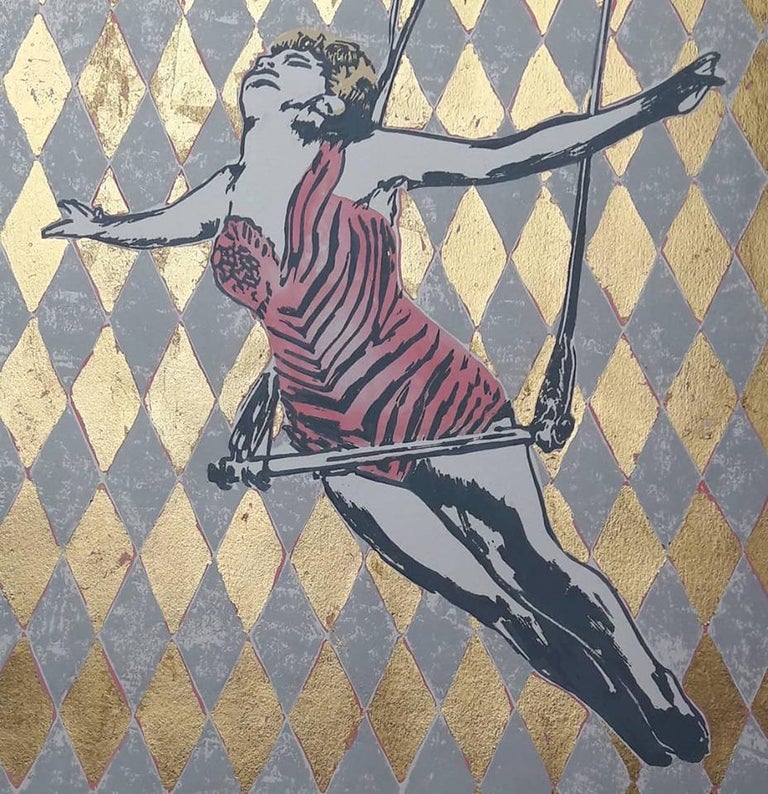 Shelley Dyer-Gibbins Figurative Print - Trapeze - A figurative, feminine & fun circus themed portrait: Acrylic & Linocut