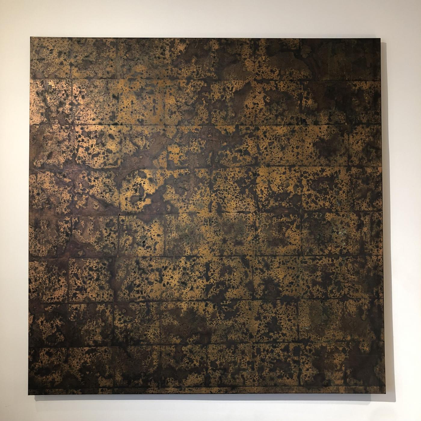 Sixty-four genuine copper leaves applied on Masonite. An oxidizing liquid is applied to create the image.
The surface is varnished for protection.