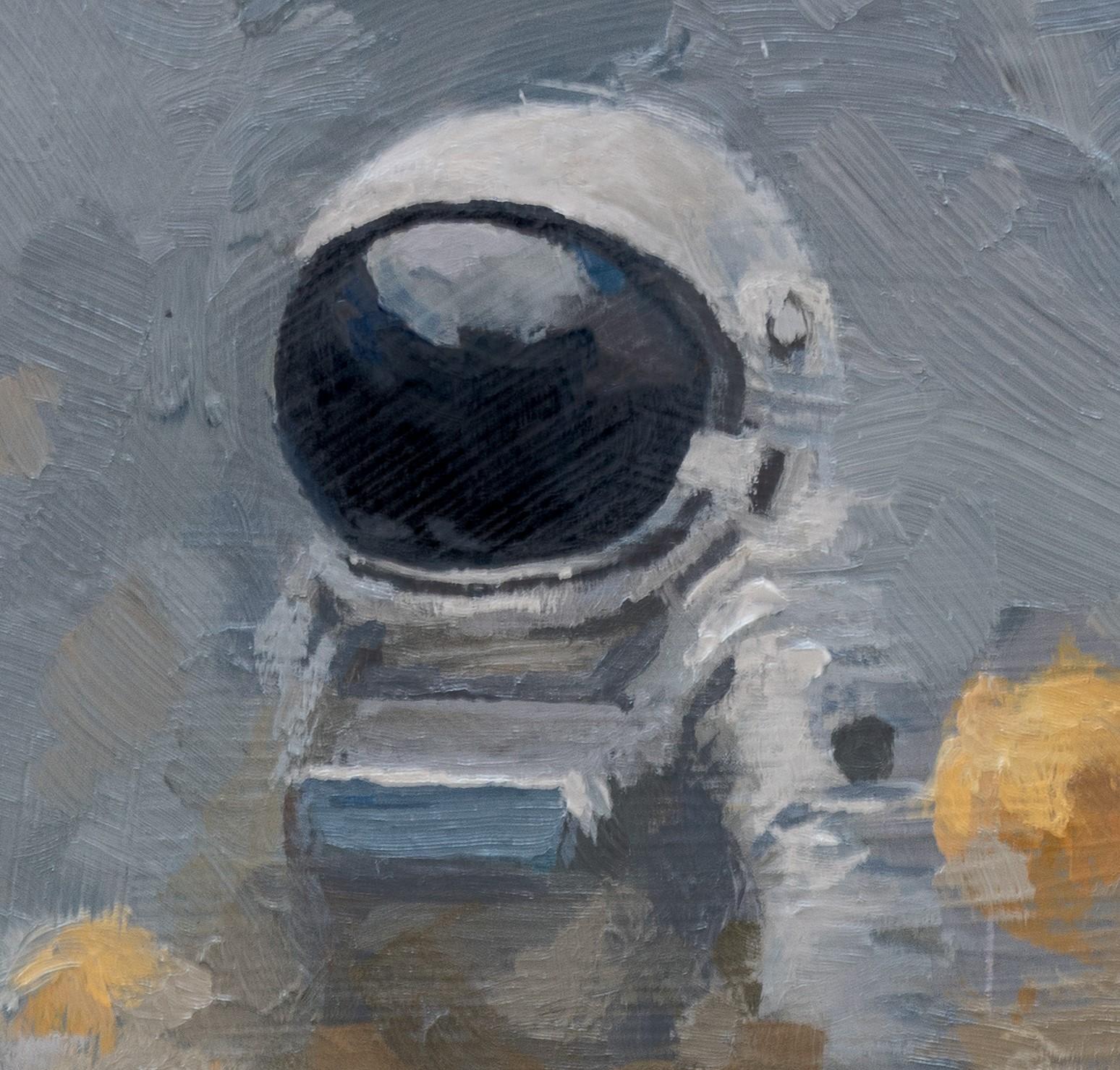 „Astronaut in Blumen“ von Shelli Langdale, Ölgemälde eines Astronauten mit Mond im Angebot 3