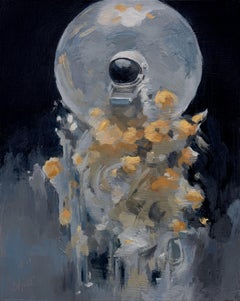 « Astronaut in Flowers » de Shelli Langdale, peinture à l'huile d'un Astronaut avec lune