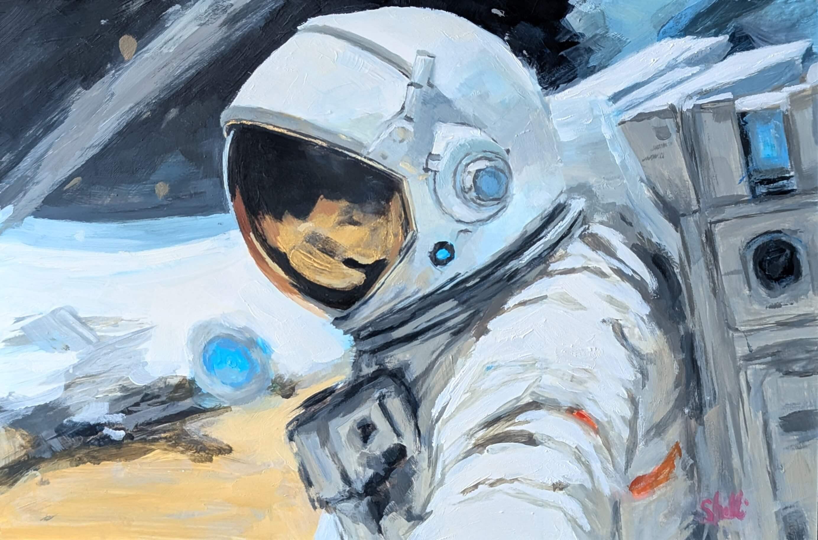 "Astronauten-Selfie" (2025) Zeitgenössisches realistisches Science-Fiction-Ölgemälde