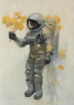 « Astronaut with Flowers » de Shelli Langdale, peinture à l'huile d'un Astronaut 