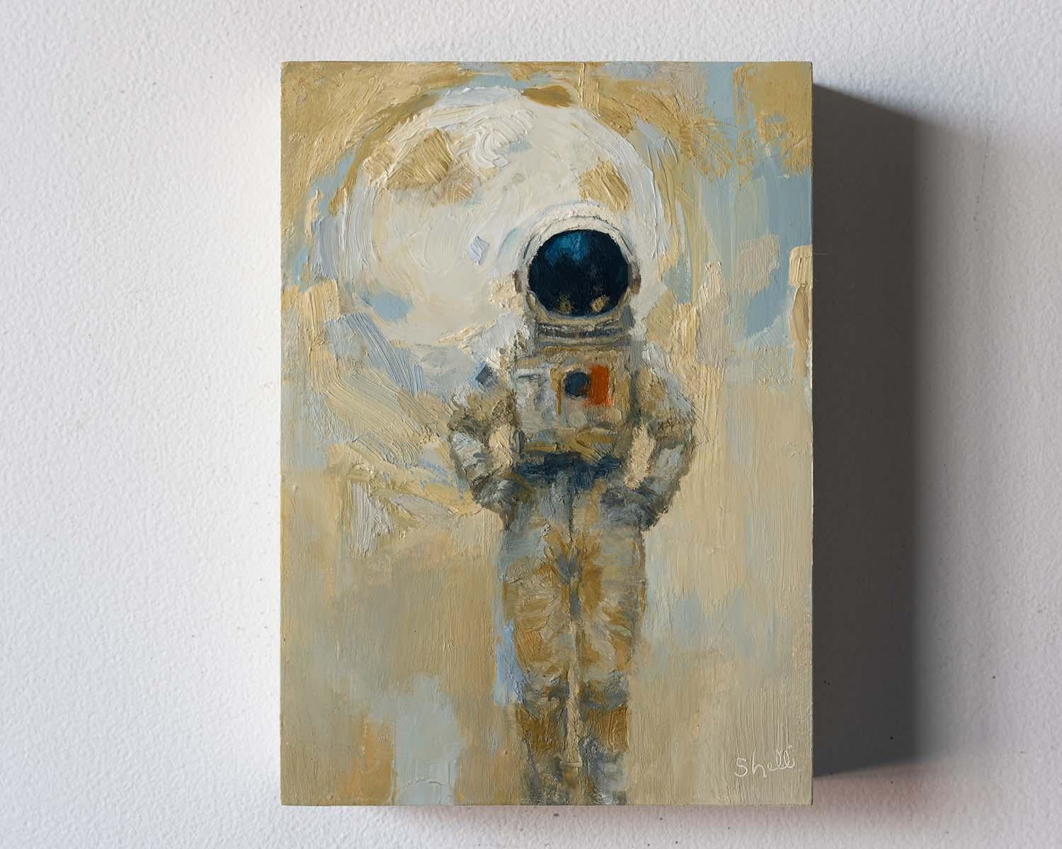 „Astronaut mit Mond“ von Shelli Langdale, Ölgemälde eines Astronauten mit Mond im Angebot 1