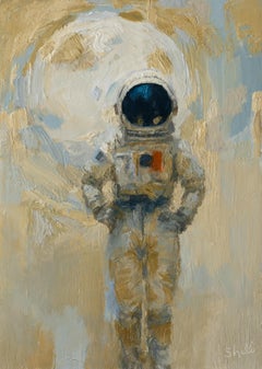 « Astronaut with Moon » de Shelli Langdale, peinture à l'huile d'un Astronaut avec lune