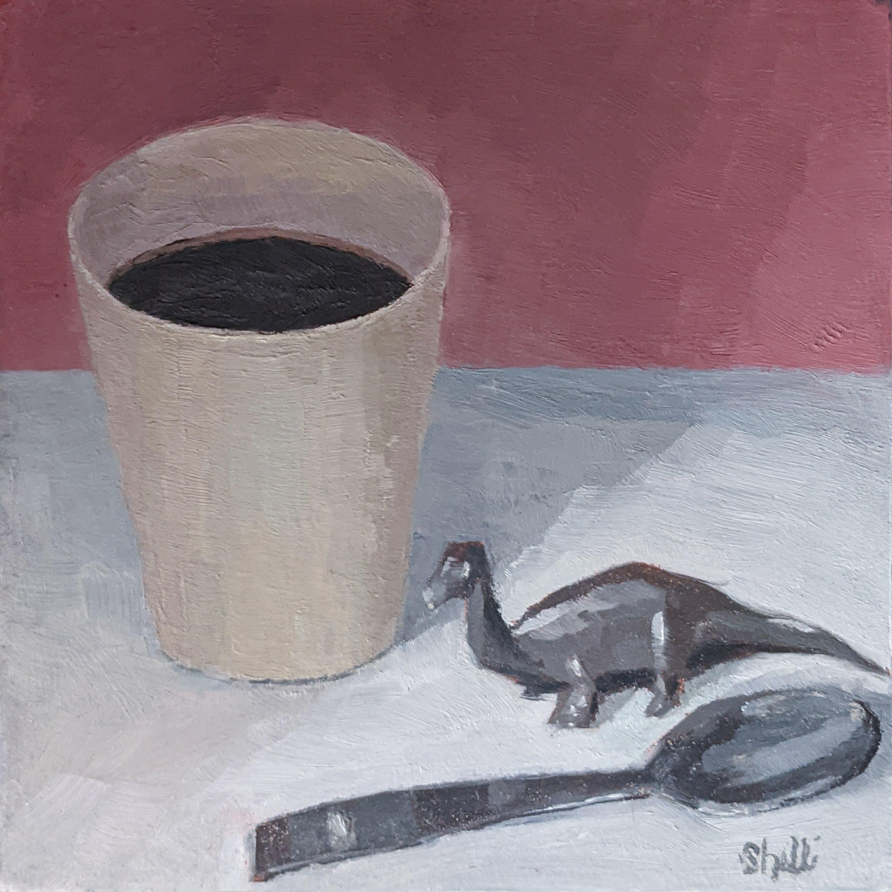 Shelli Langdale Still-Life Painting - "Black Coffee with Dinosaur" Oil Painting 