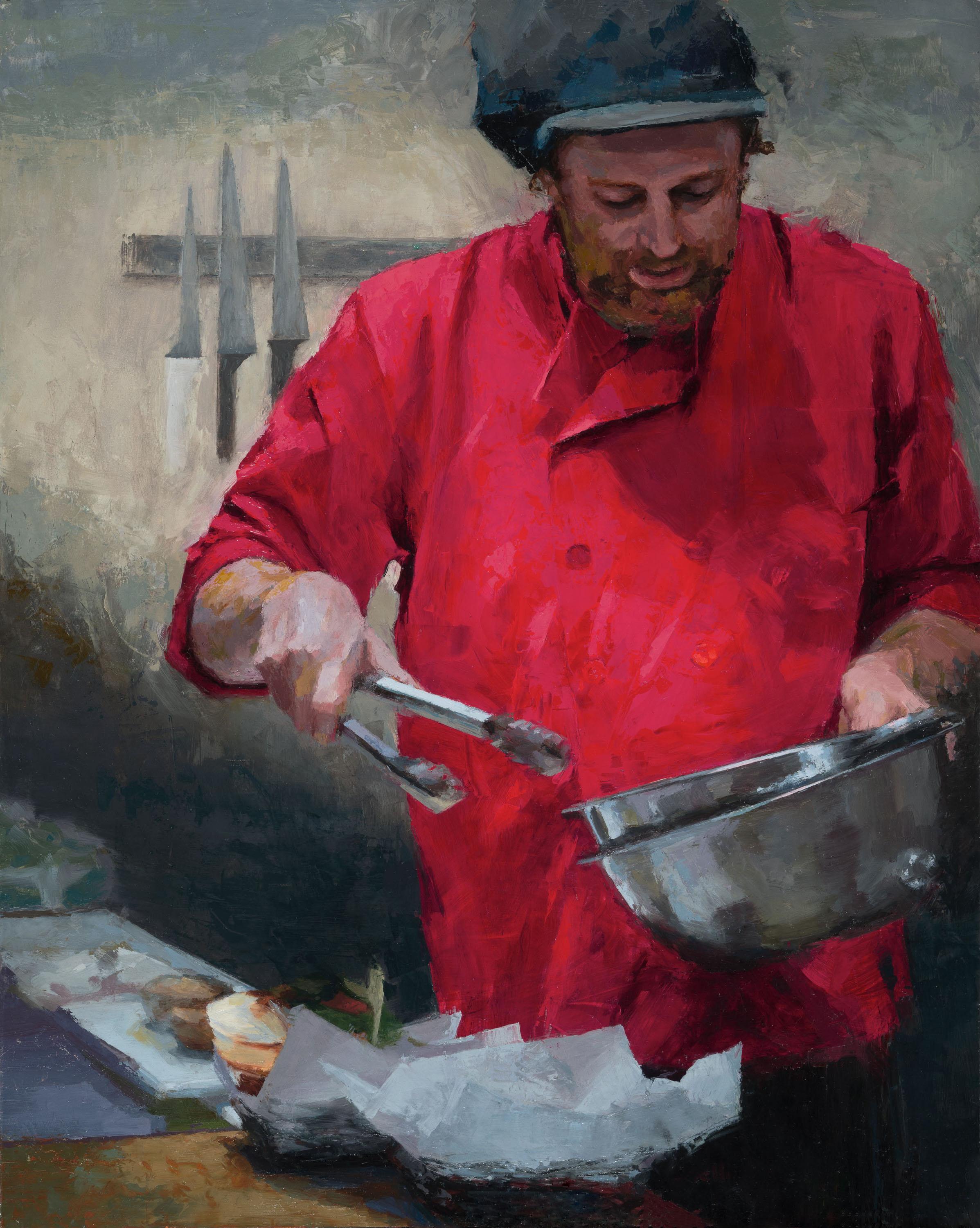 Shelli Langdale Figurative Painting – "Chef Andrew" - Impressionistisches Männerporträt, Ölgemälde auf Tafel