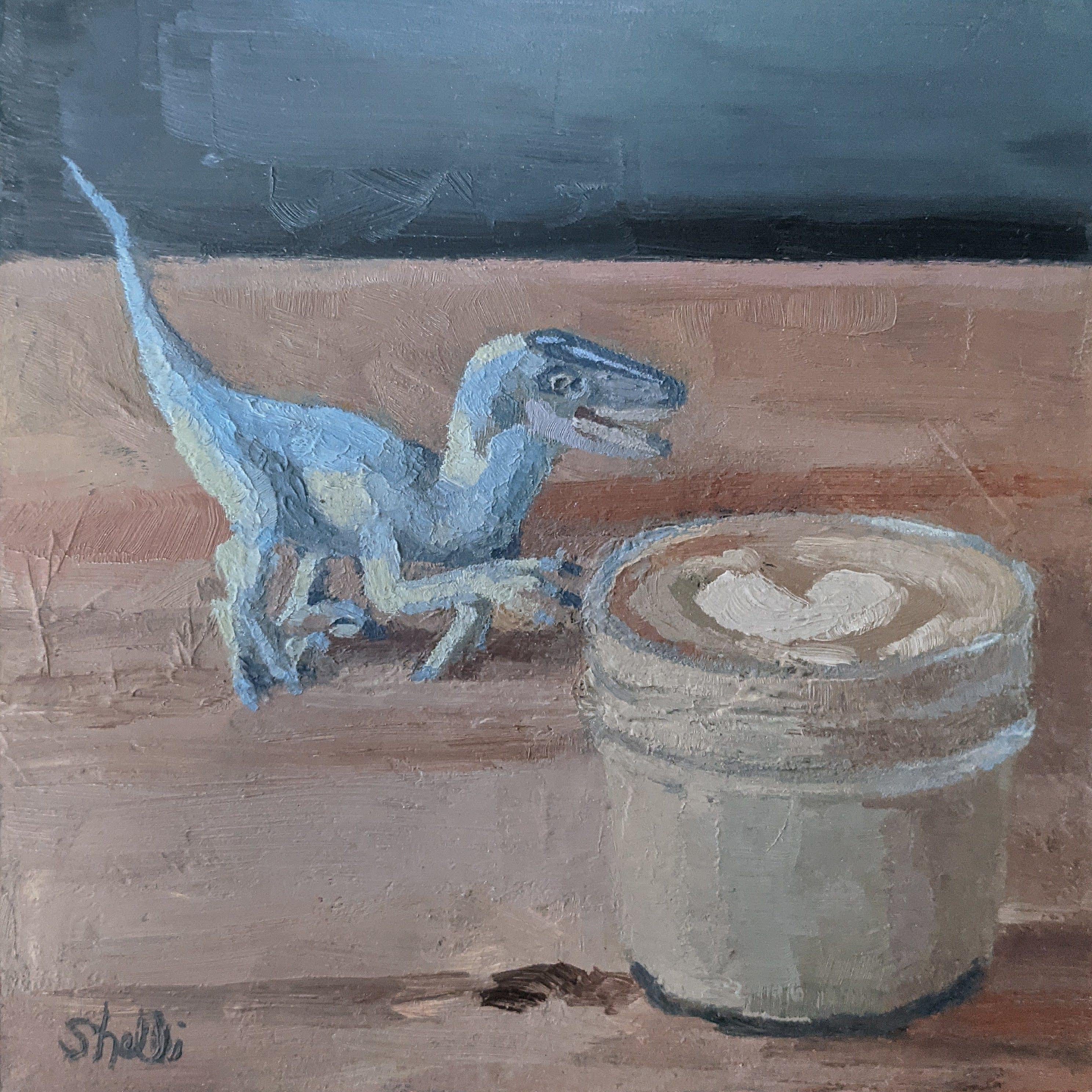 Shelli Langdale Still-Life Painting - "Cortado with Dinosaur" Oil Painting 